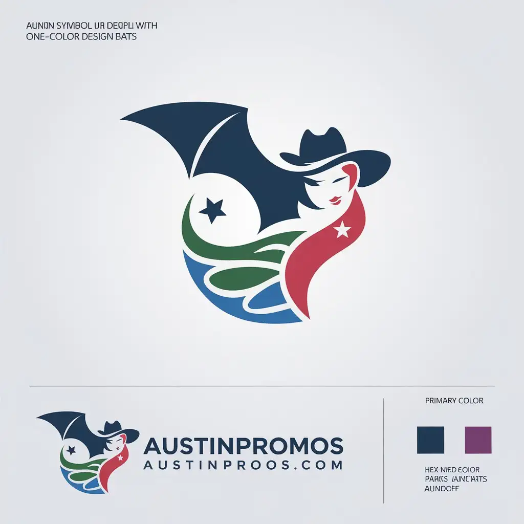 LOGO Design for AustinPromoscom Minimalist Bat Texas Cowgirl Capitol Theme with Blue Red Green Purple Accents