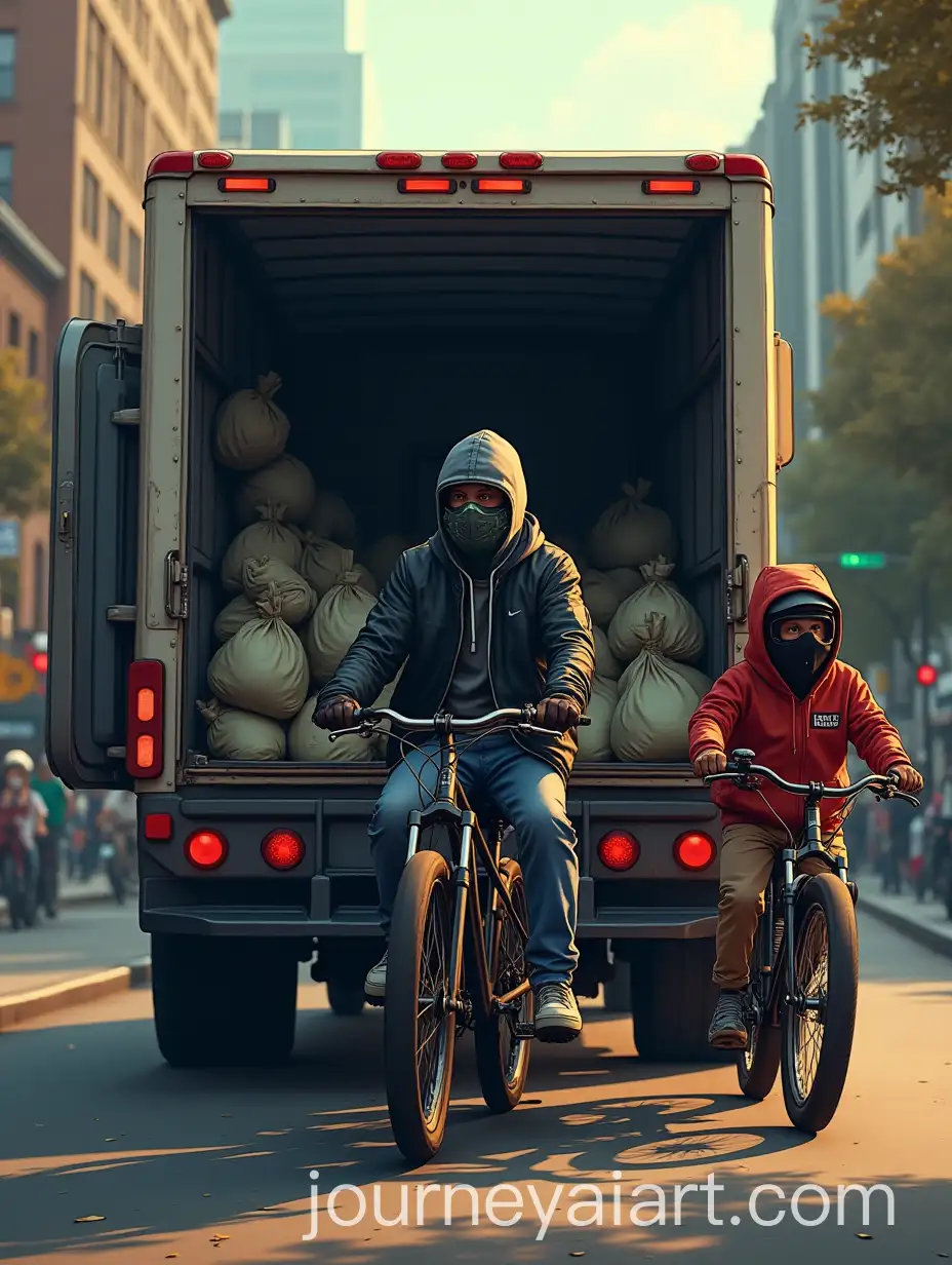 Kids-on-Bicycles-Escaping-with-Money-Bags-from-Open-Armored-Truck