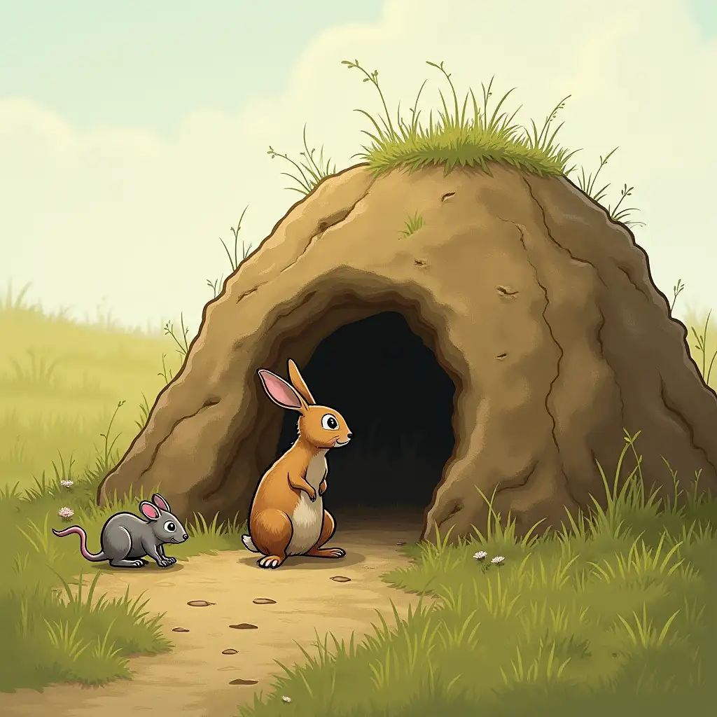 There is a rabbit at the entrance of a raised earth mound, and a mouse is pushing it behind, in the grassland.