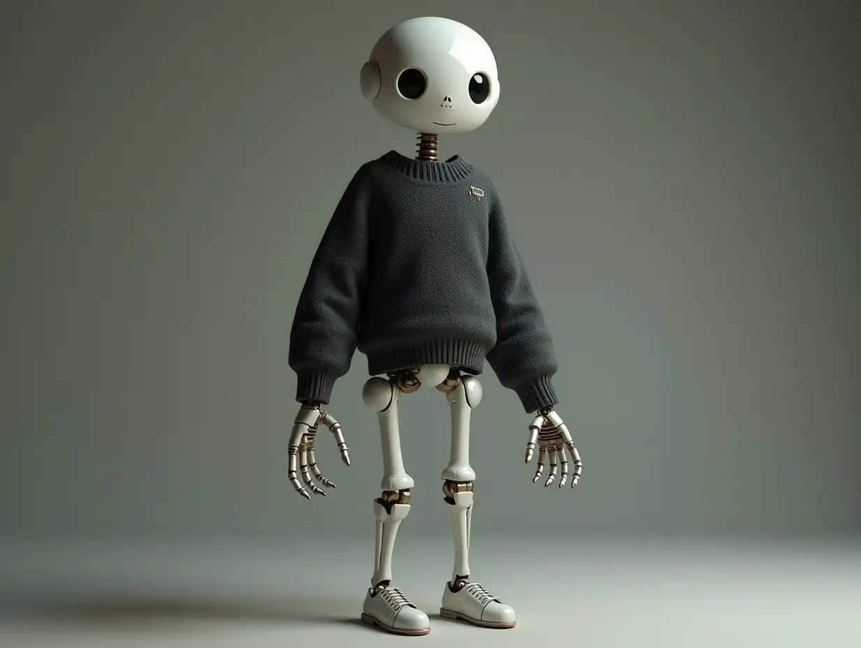 Create a high-resolution, realistic image of a robot standing with a skeleton body, porcelain hands, porcelain head, sweater, arms and legs on the floor in 4k resolution Steampunk 8k quality