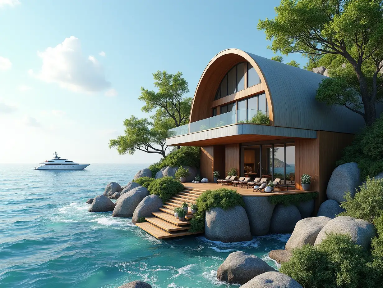 Create a high-resolution, realistic panorama image of a futuristic terrace building with steps to the sea window snail house with many plants and grey and brown facades a yacht on the sea waves, large trees, blue sky