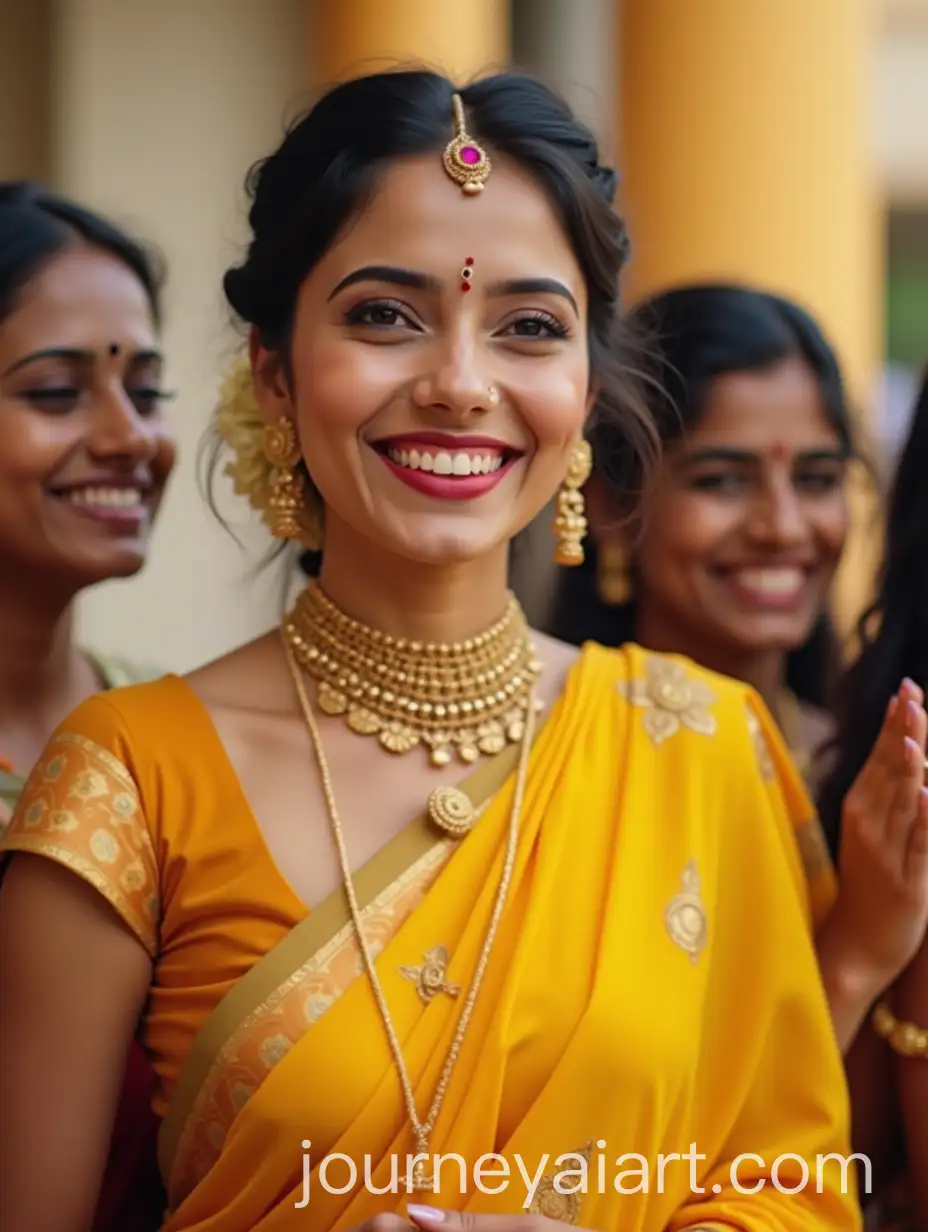 Happy-South-Indian-Bride-Laughing-with-Friends-in-Yellow-Saree-at-Temple-with-Jasmine-in-Hair