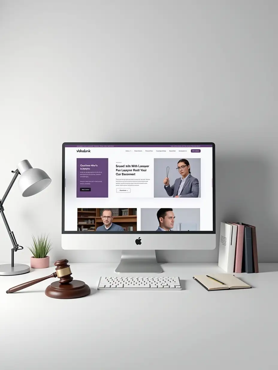 A clean, modern workspace showing a computer screen displaying a lawyer’s website being edited with drag-and-drop builder (Elementor style). A gavel, legal books, and a small Vekalink logo placed on the desk. Light theme, white and soft gray colors with a hint of purple.