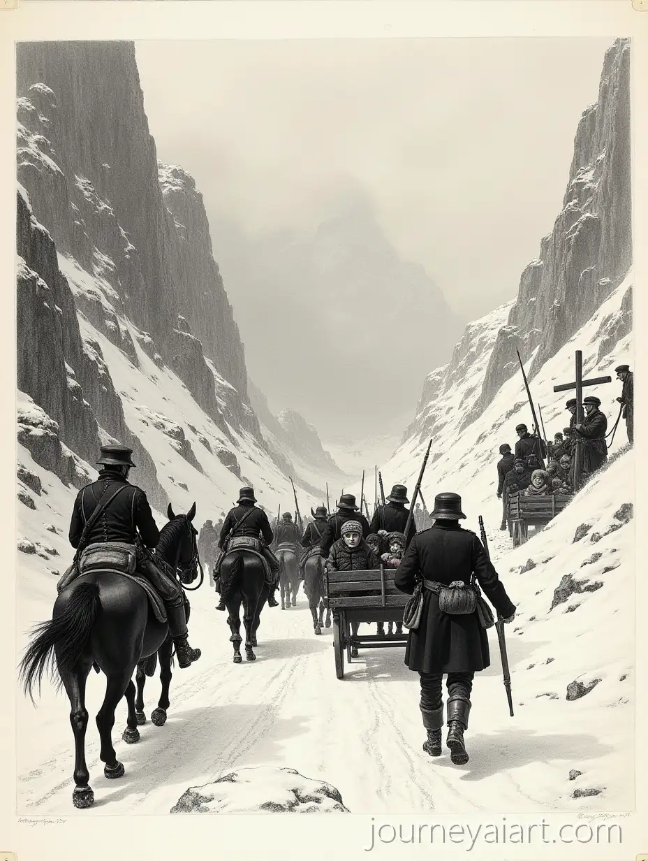 Serbian-Soldiers-and-Civilians-Retreating-Through-Snowy-Albanian-Mountains-in-1915-Copperplate-Etching