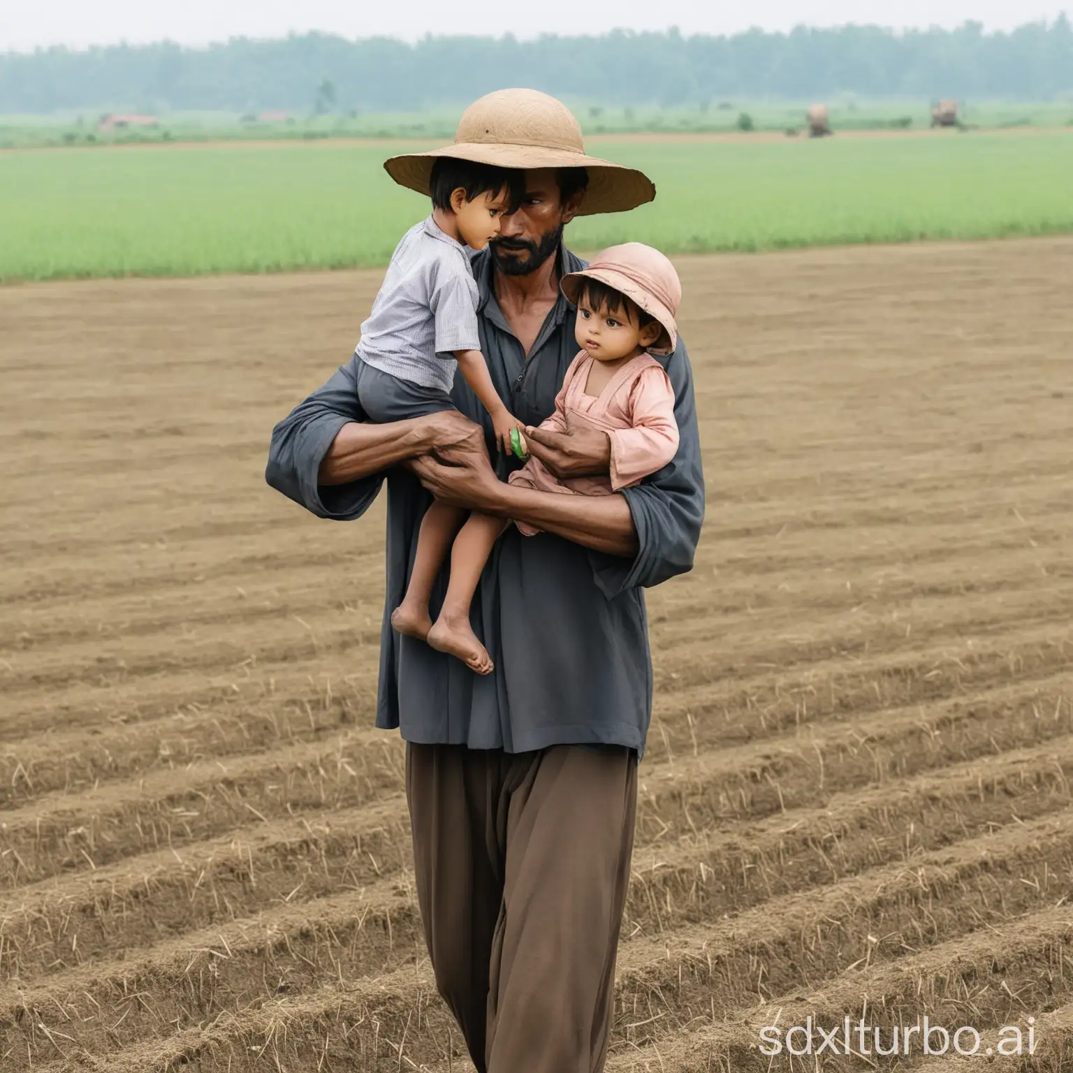 a man holding a child in the field working