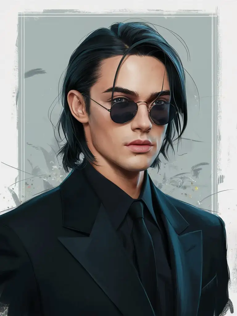 Stylish Young Man in Black Suit with Round Sunglasses