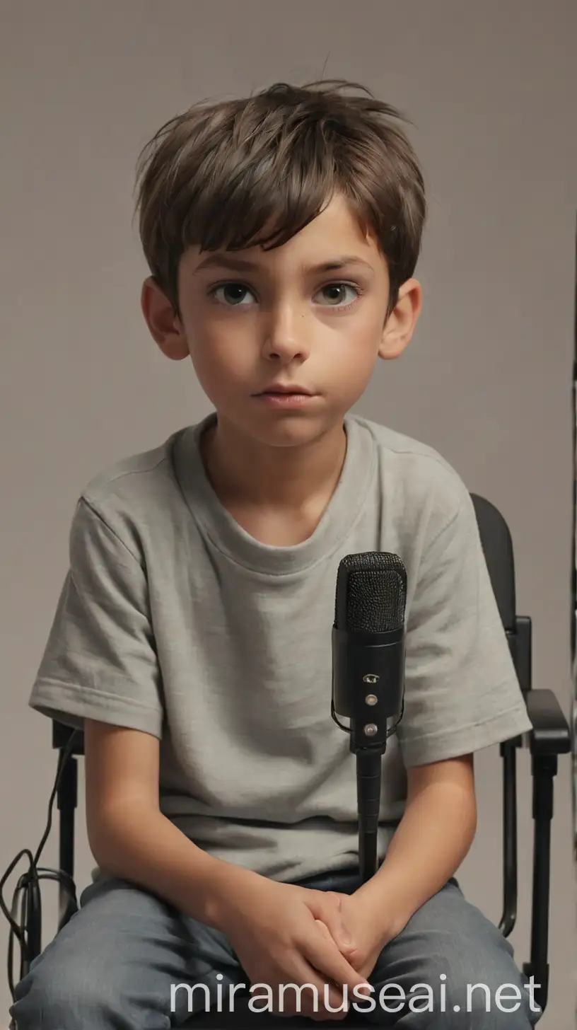 Young Boy Sitting in Studio with Table and Microphone