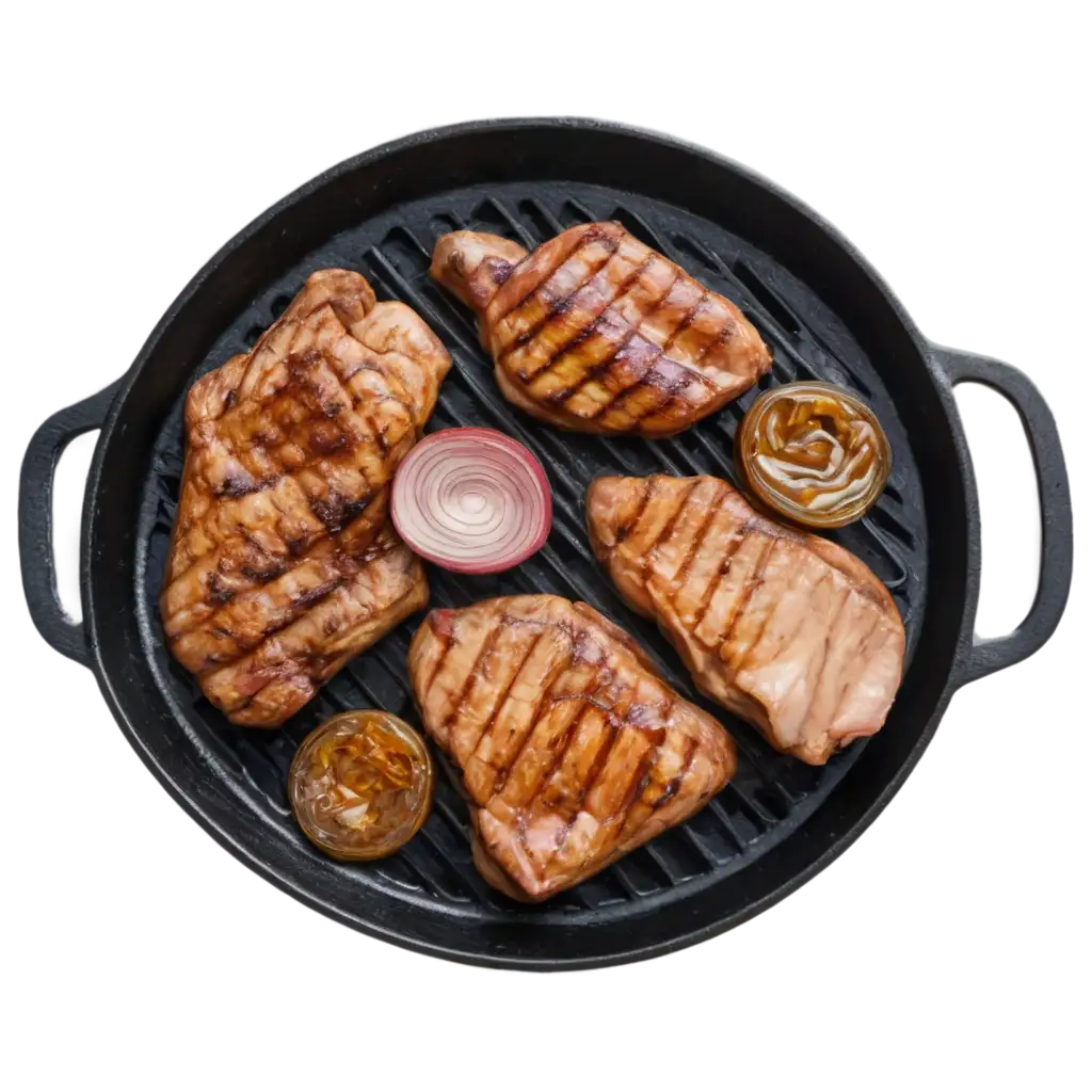 Top-View-PNG-Image-of-Grilled-Meats-with-Onion-and-Honey-in-Black-Cast-Iron-Skillet