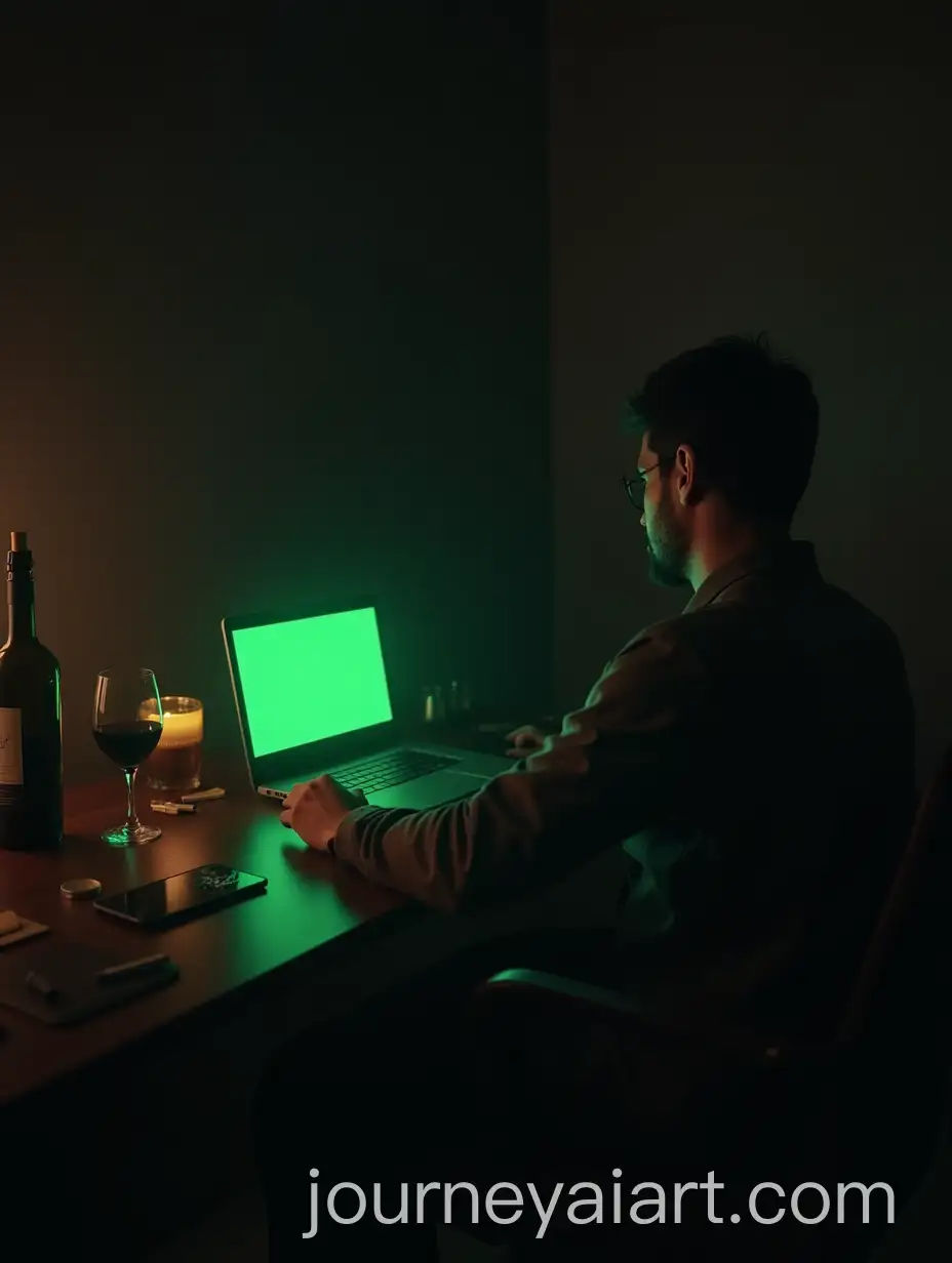 Man-Sitting-in-Dark-Room-with-Laptop-Cigarettes-and-Wine-Bottle-on-Table
