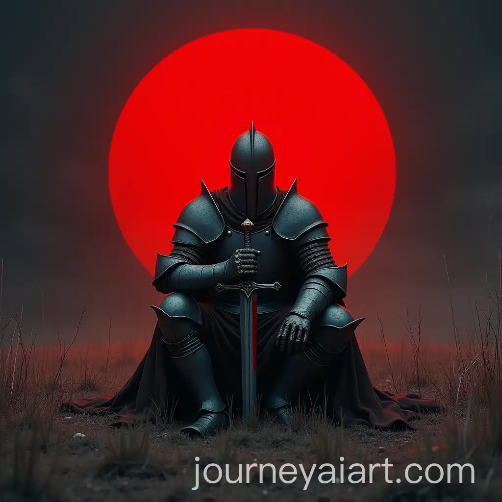 Knight-in-Bloody-Armor-Sitting-on-a-Dried-Grass-Field-with-Red-Sun-Behind