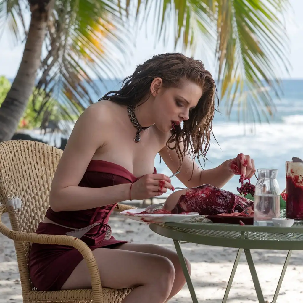 very beautiful Mature female cannibal Kristen Stewart, in miniskirt, deep neckline, enjoying a sun-kissed beach picnic. She sit at a high table, indulging in a grisly feast of a young female, cinematic, photo , 4k