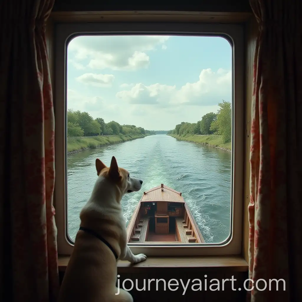 Dog-Looking-Out-of-a-Window-on-a-Boat-by-a-Flowing-River