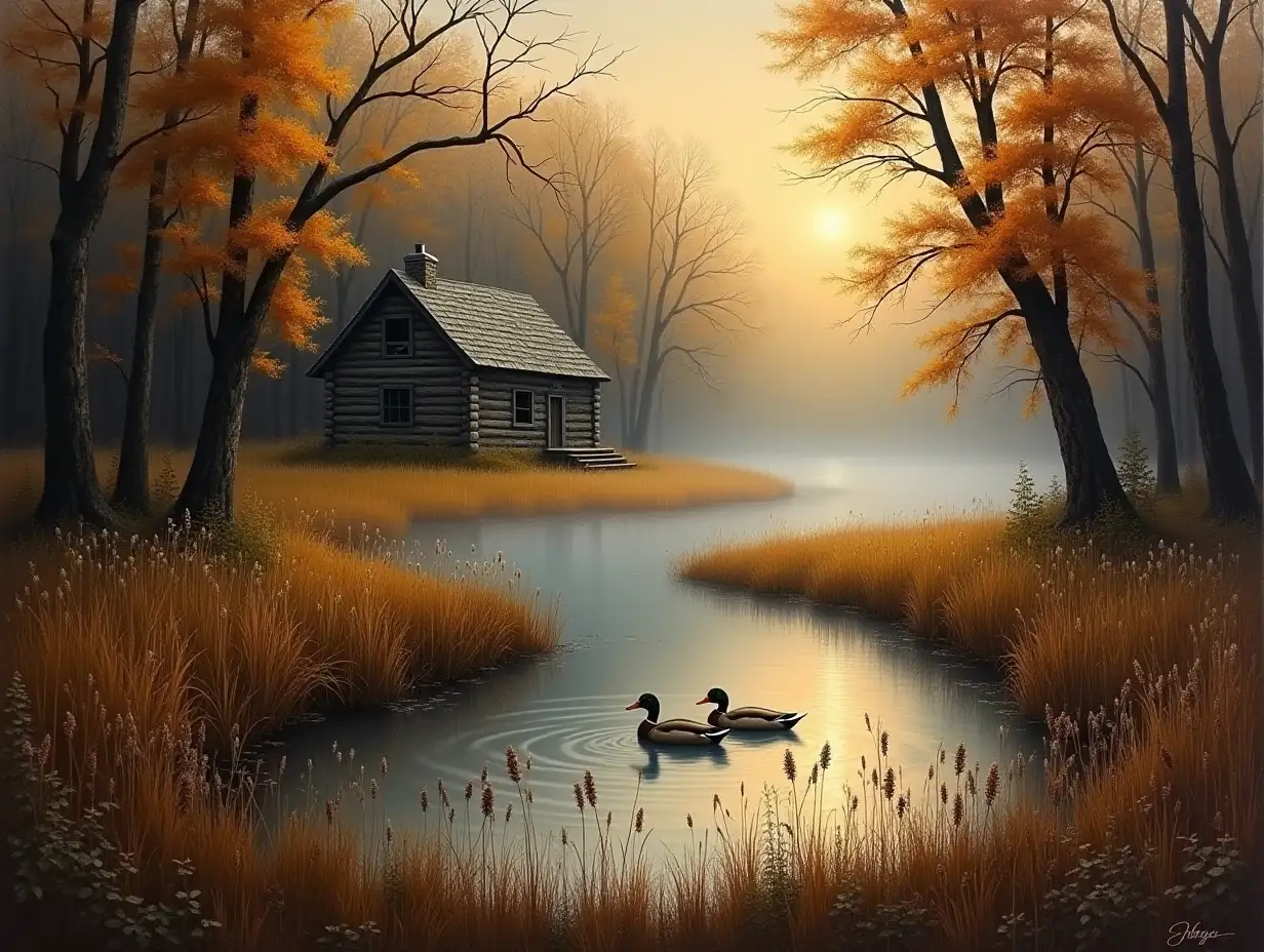 Autumn Woods Log Cabin Scene with Sunlight and Foggy Pond