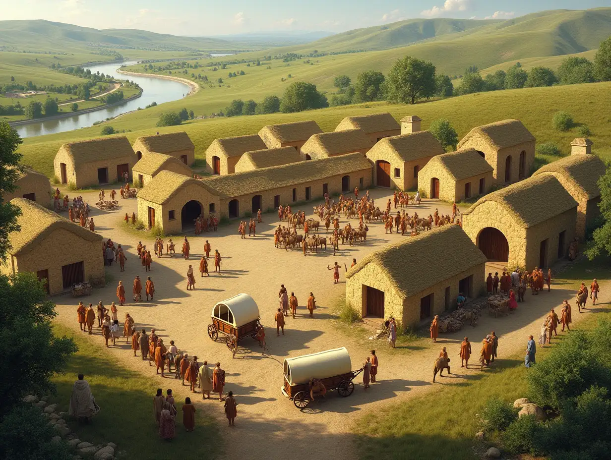 700 years before Christ, people build dozens of houses near green fields with trees and a river. The houses are made from yellowish-brown stones and the roofs are flat. Also, there are people gathering together and many wagons being pulled by horses and donkeys.