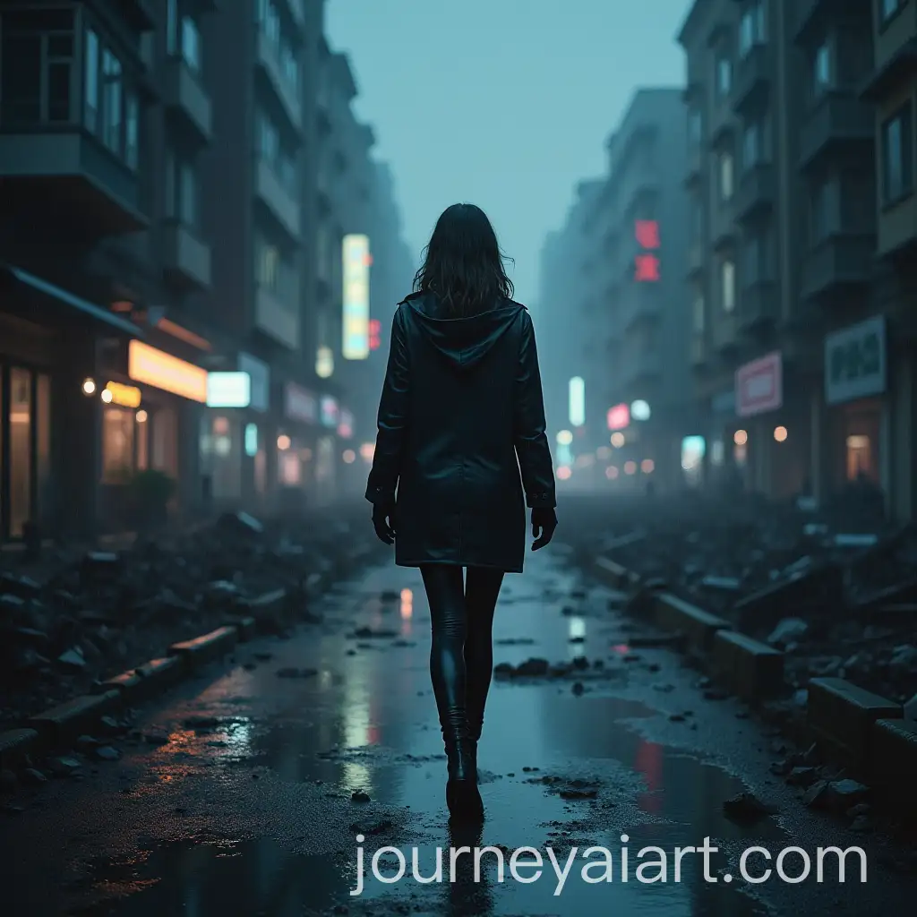 Futuristic-Woman-Walking-in-a-Rainy-PostApocalyptic-City-at-Night