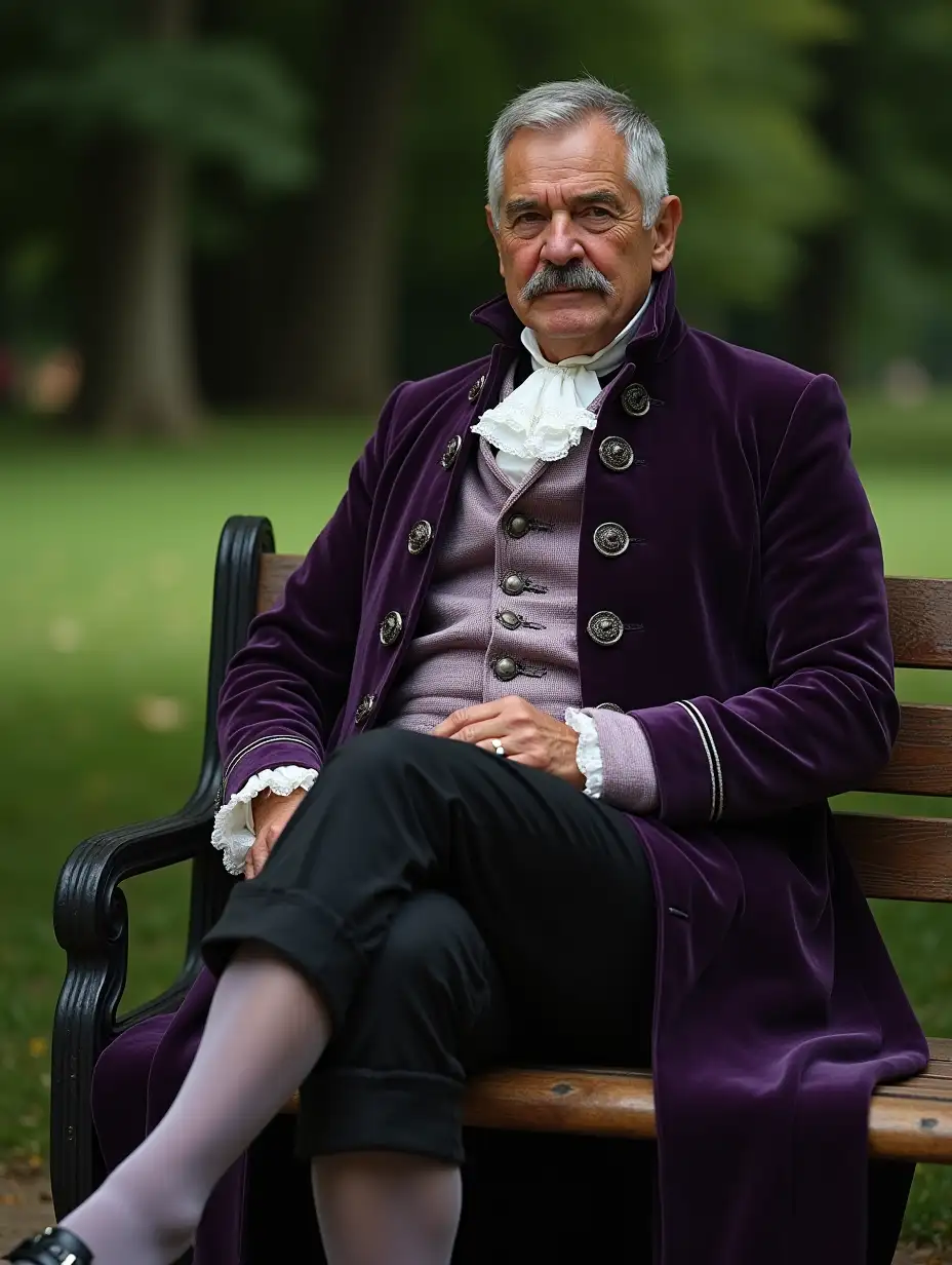 17th century, castle park, summer. A 60-year-old elegant nobleman is sitting on a bench. Short hair, salt and pepper, very thin mustache. Dark purple silver-trimmed coat, pale purple silver-embroidered waistcoat, ruffled shirt, black knee-length pants, pale purple stockings, black shoes with silver buckles.