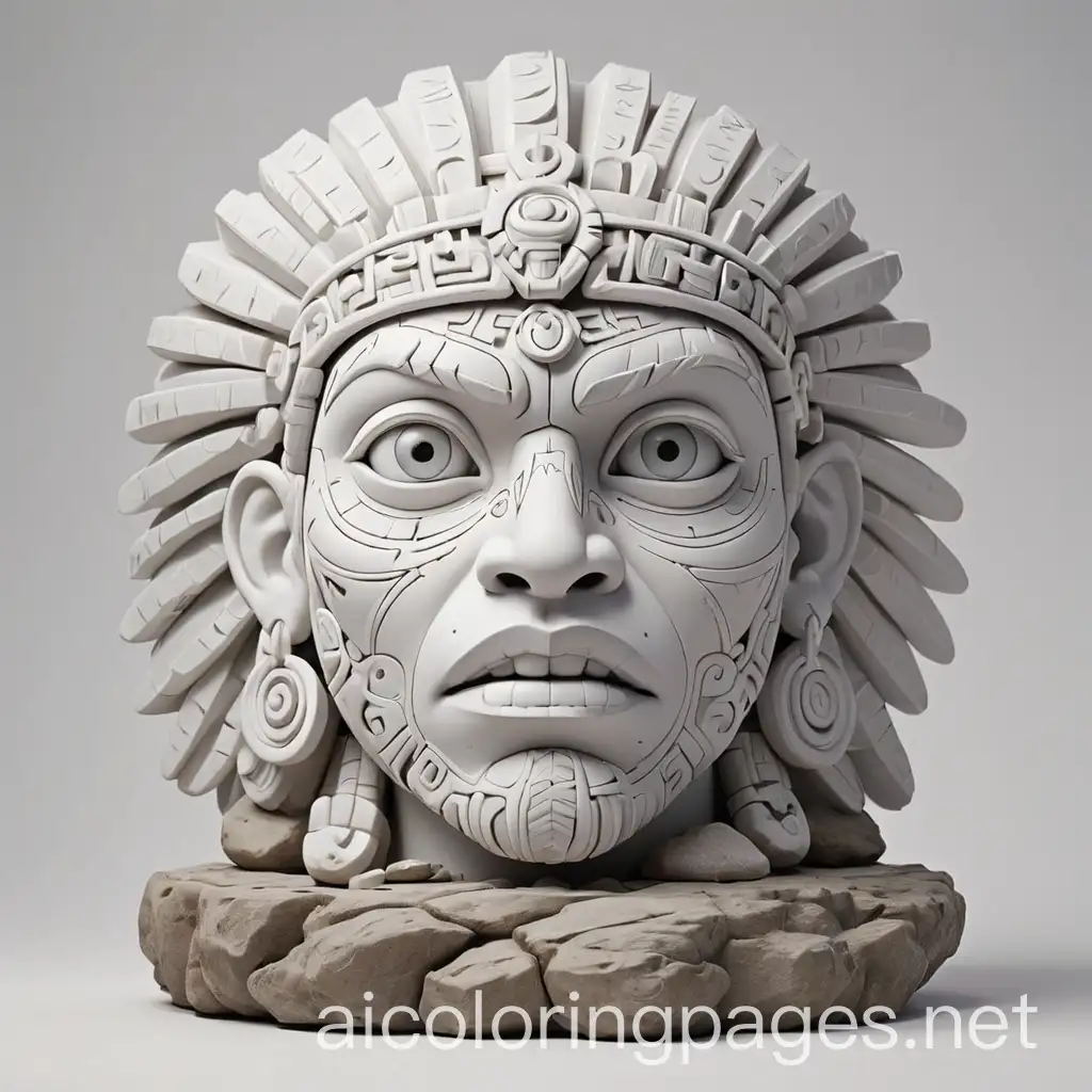 intricate white sculpture resembling Aztec head on a rock pedestal, Coloring Page, black and white, line art, white background, Simplicity, Ample White Space. The background of the coloring page is plain white to make it easy for young children to color within the lines. The outlines of all the subjects are easy to distinguish, making it simple for kids to color without too much difficulty