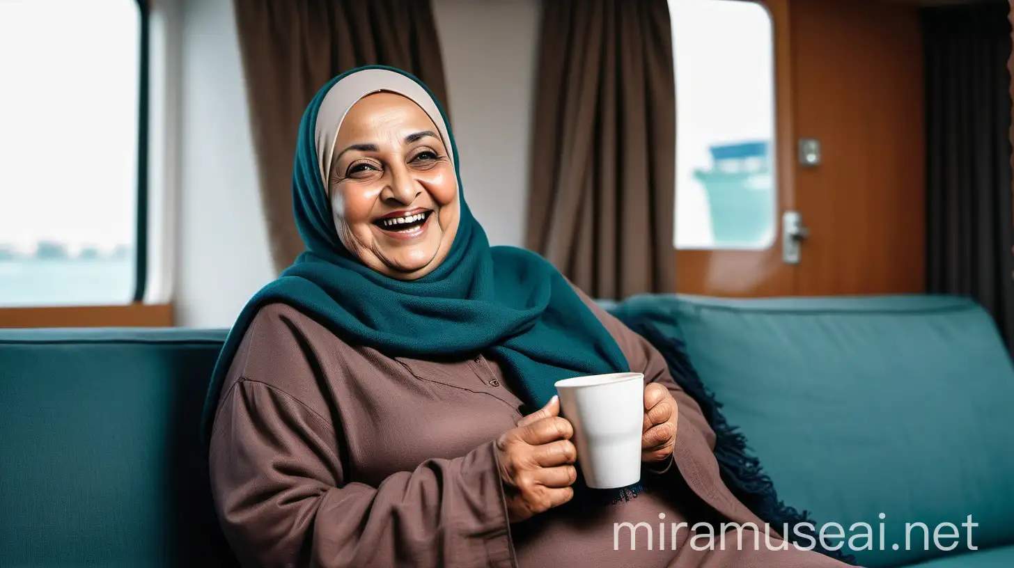 Happy Pakistani Muslim Woman Enjoying Coffee and a Novel on a Ship