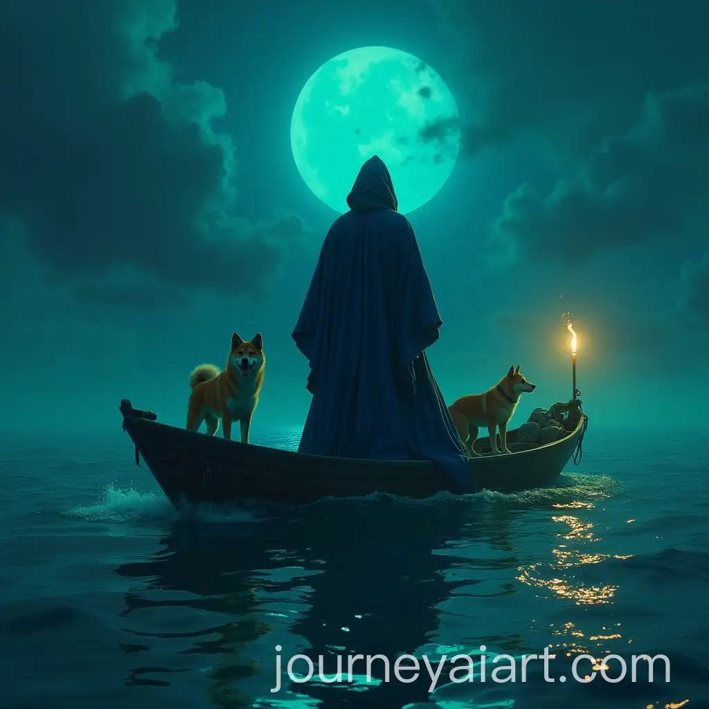 Shytoshi-Kusama-in-Majestic-Blue-Robe-with-Shiba-Inu-and-Armies-on-Boat-During-Crypto-Bull-Run