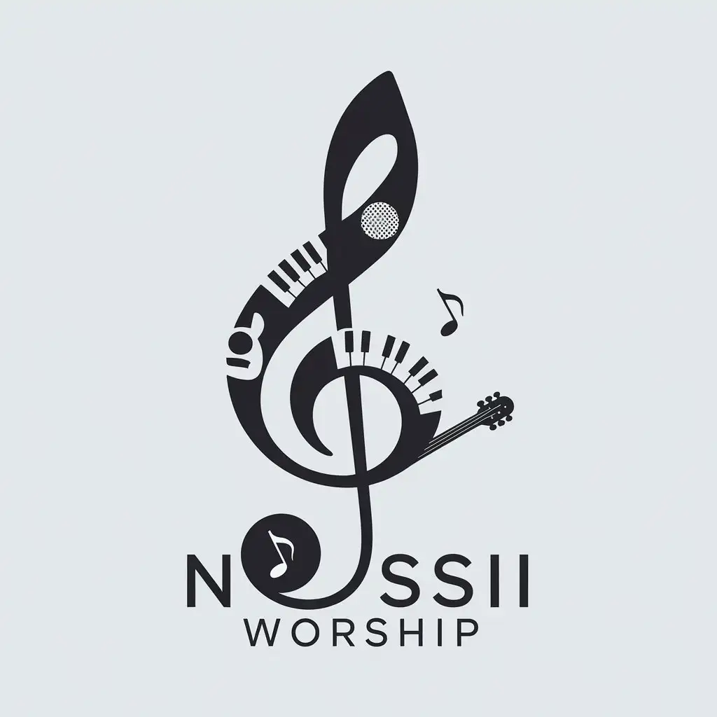 LOGO Design for Nissi Worship Music with Guitar Piano Bass Guitar and Microphone on Clear Background