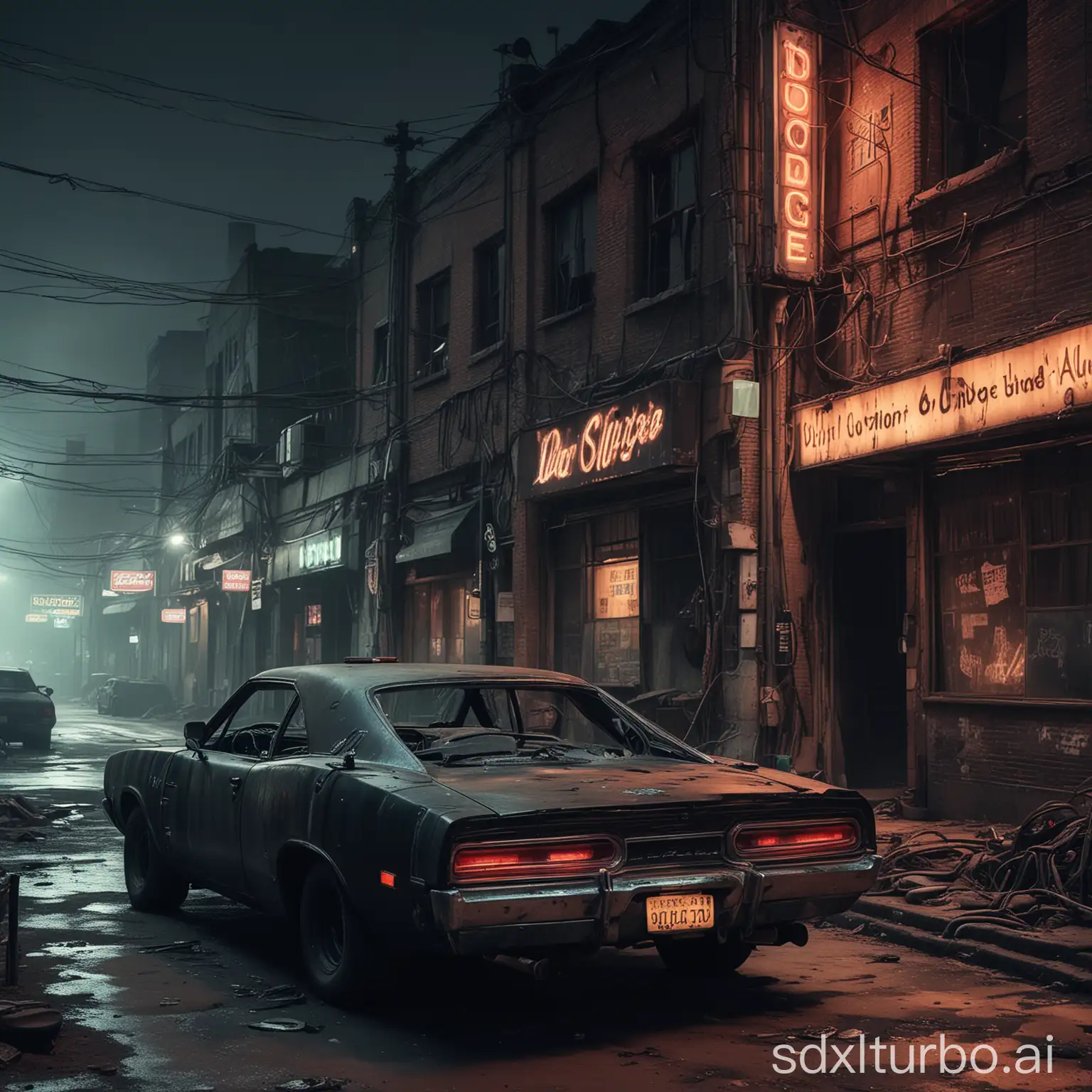 dystopian future. Cyberpunk style. Street with lots of neon signs, old Cables hanging everywhere. Pipes, Dirt, junk, crap and contamination. big abandoned buildings. A black 69 dodge charger in middle. All dusty and worn out. Night time. Slippery street.