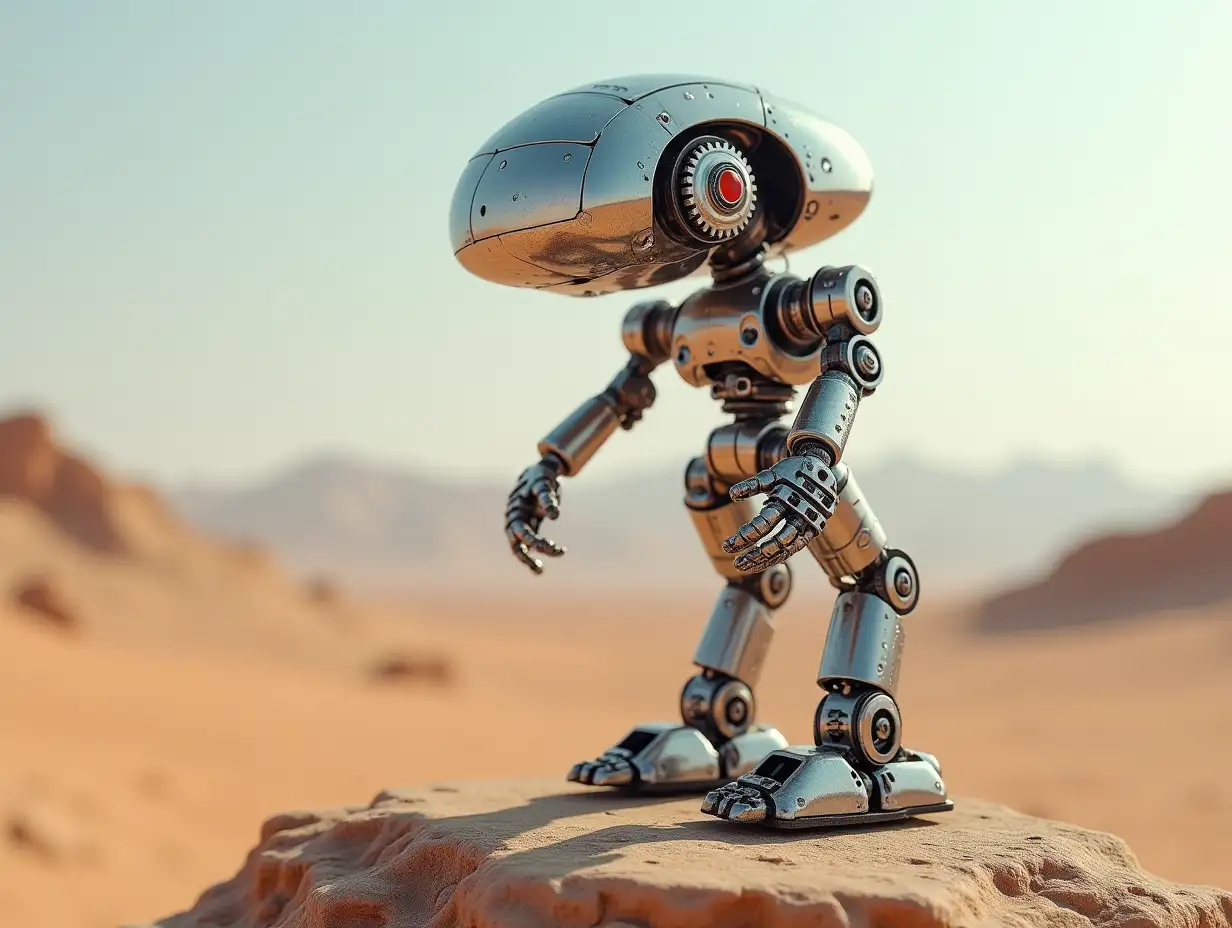 Create a high-resolution, realistic image of artificial intelligence Robert with robot legs and feet made of metal and glass head with gears, light waveguides, LED in a desert on a rock at 4k resolution with