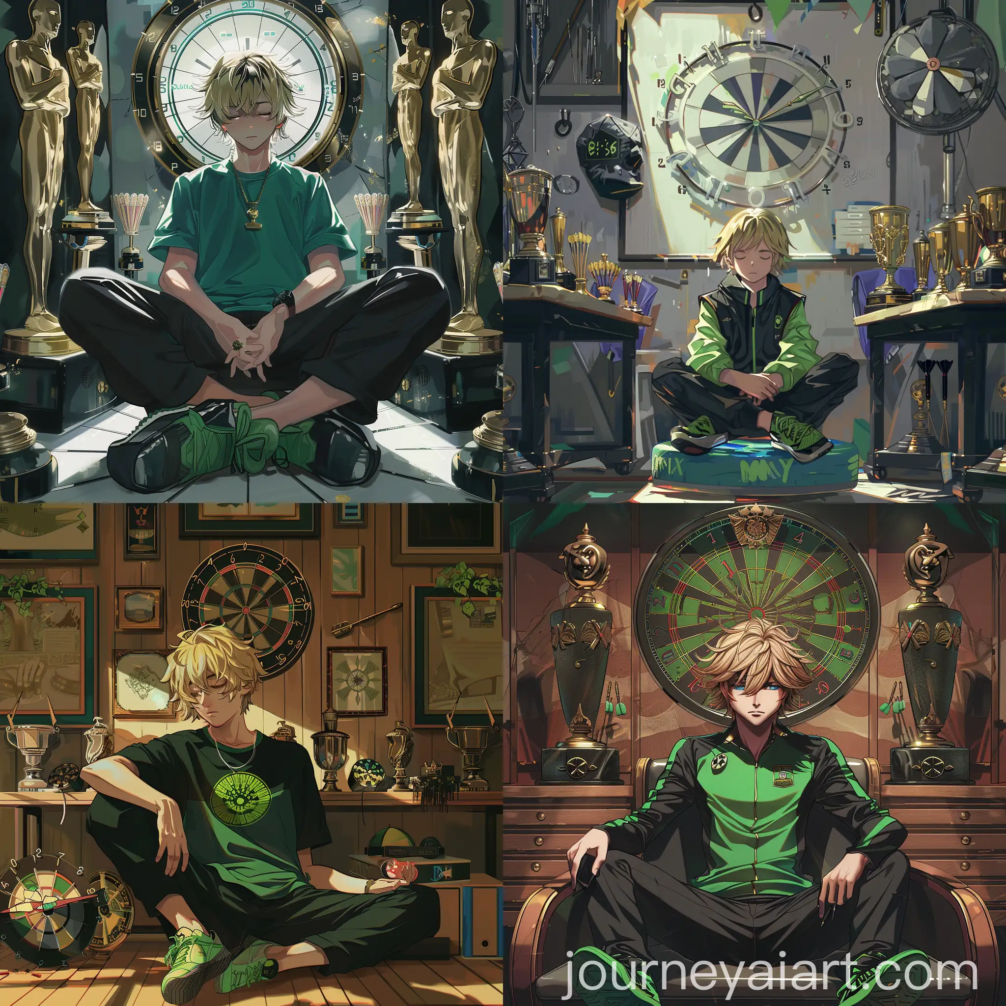 Serene-Blonde-Male-Dart-Player-in-Minimalist-Room-with-Trophies
