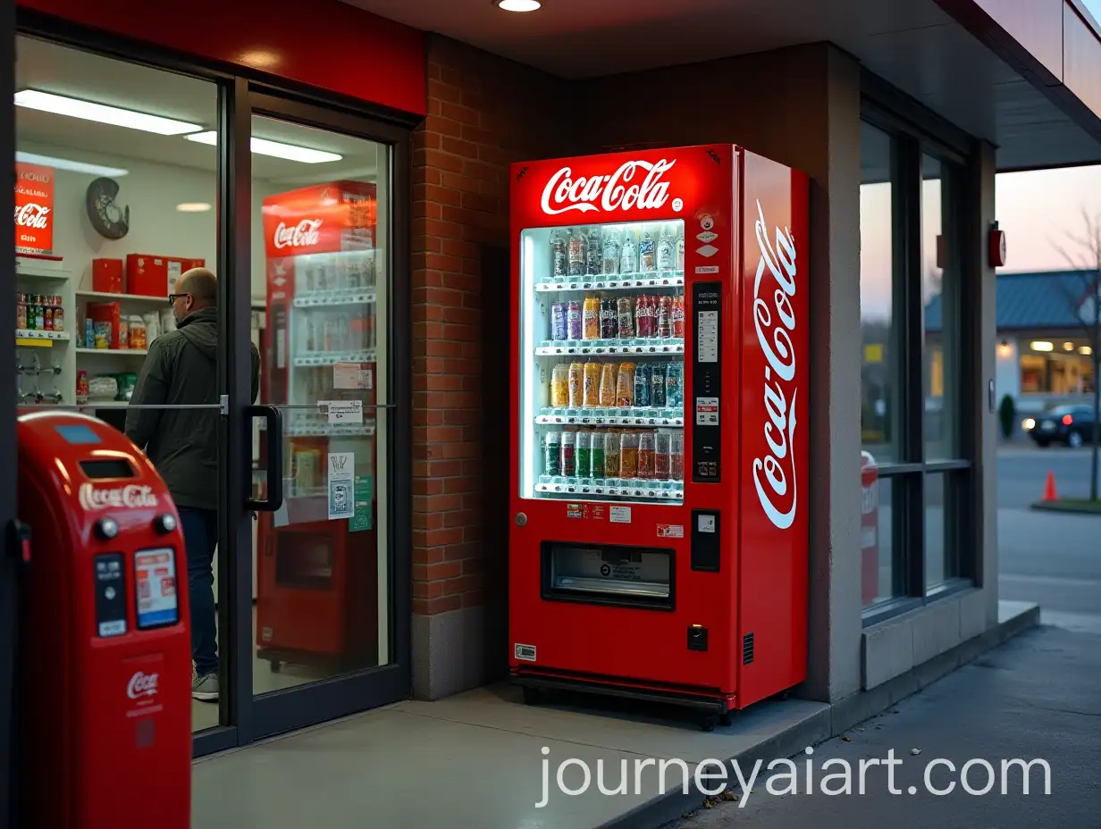 Coca-Cola-Vending-Machine-Outside-American-Gas-Station-with-Clerk-Inside