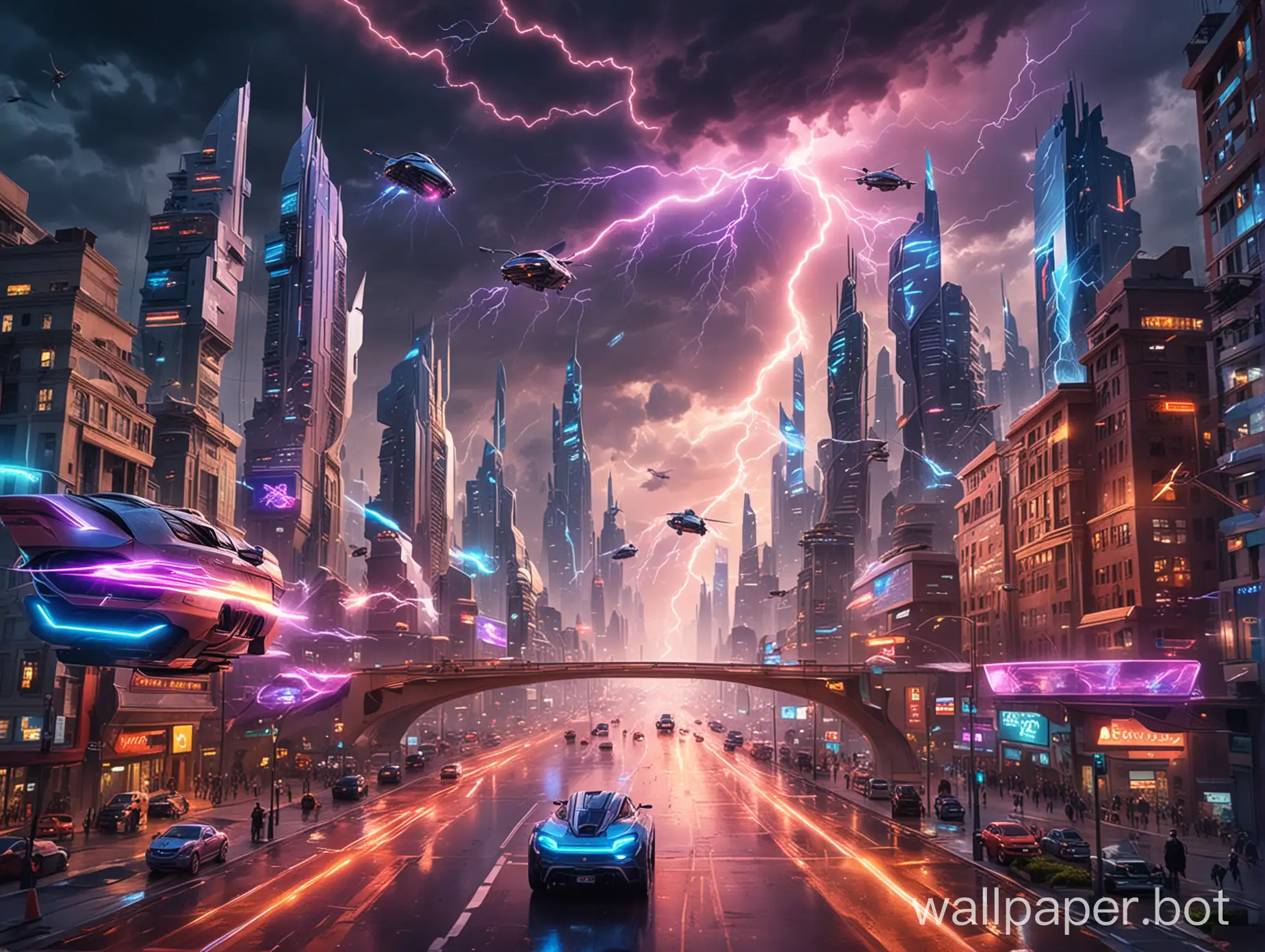 a futuristic modern city that has colorful lightning from buildings and futuristic flying cars on the road