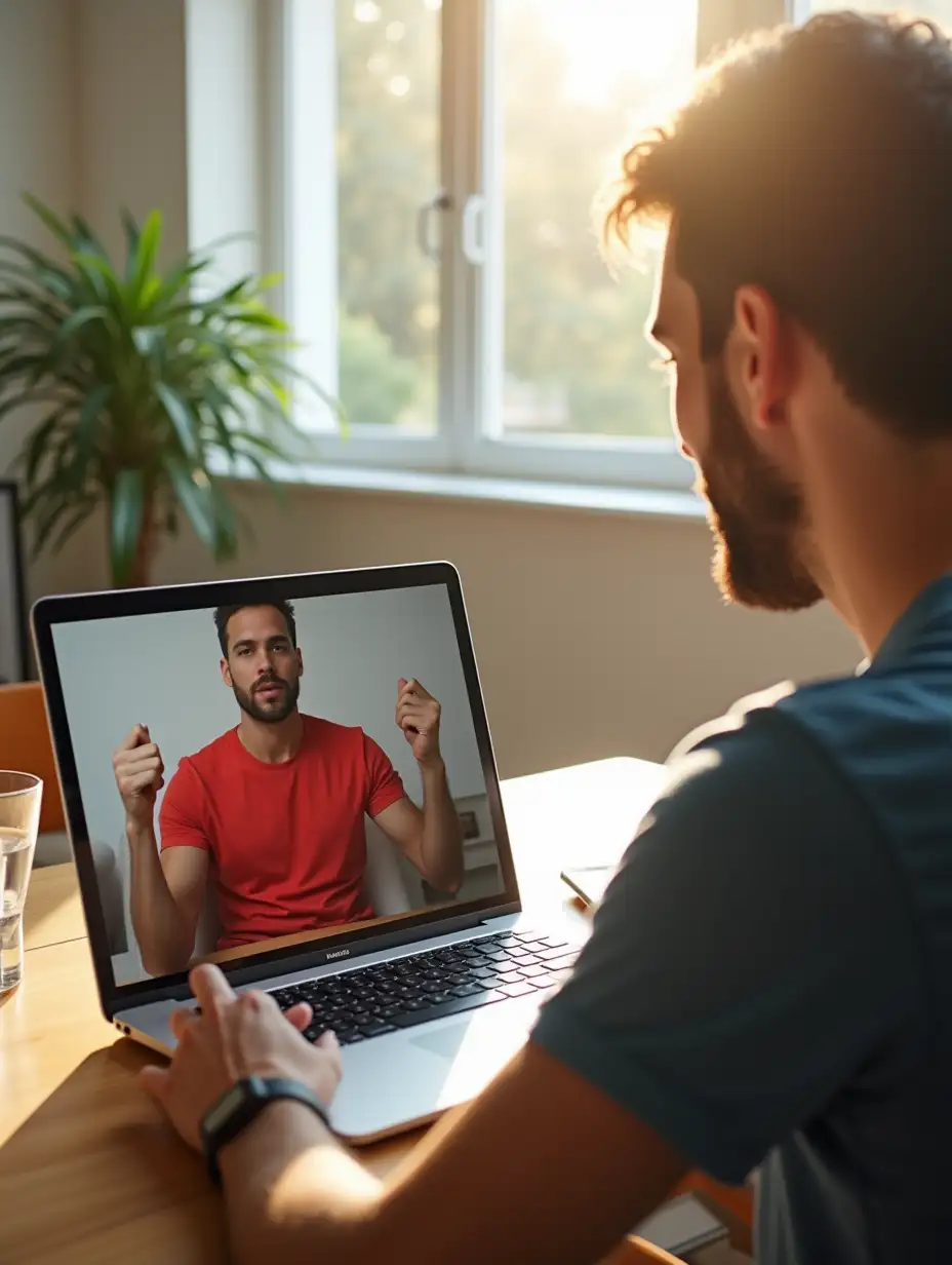 A natural medium shot of a man sitting at a wooden desk in a bright, sunlit room, working attentively on a sleek laptop. The laptop screen clearly displays a mirrored version of himself wearing a vibrant t-shirt, editing or reviewing creative work in a room filled with daylight streaming through large windows. The scene is illuminated with soft, natural daylight, creating a warm and inviting atmosphere. The glass of water beside the laptop catches the sunlight, adding a touch of realism. The camera angle is over the man’s shoulder, offering a close and personal perspective, with a clear focus on the man and the laptop screen while the background softly blurs into the airy, well-lit space.