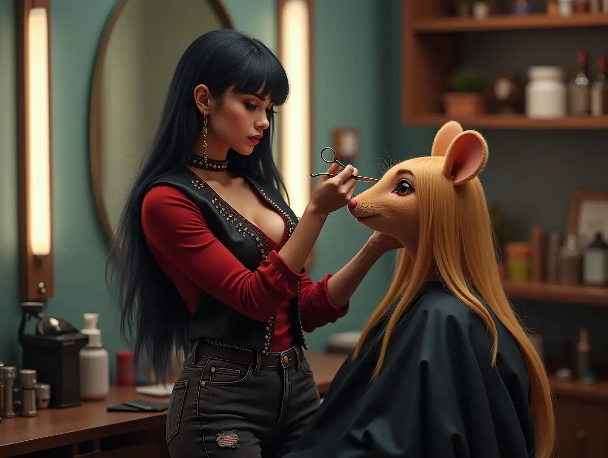 Full-body professional photo of a beautiful attractive fit curvy female hair dresser in her salon. (She's in profile, not looking in the camera.) She has an oval face with a well-defined jawline, thin high-angled soft-rounded eyebrows, almond-shaped eyeliner-framed chestnut eyes, a straight nose with mouse whiskers, full bow-shaped lips, mouse ears and, fused to her coccyx, tail. She has a fringe and long, straight, blueish black hair. She dons a black satin vest with golden frills, a v-necked scarlet jersey leaving plenty of cleavage, a sturdy studded belt, black tapered ripped acid-washed jeans, and pastel-green Sk8-Hi vans. With a scissor in her hand, her full focus is on styling a blonde long-haired male anthropomorphic mouse customer.