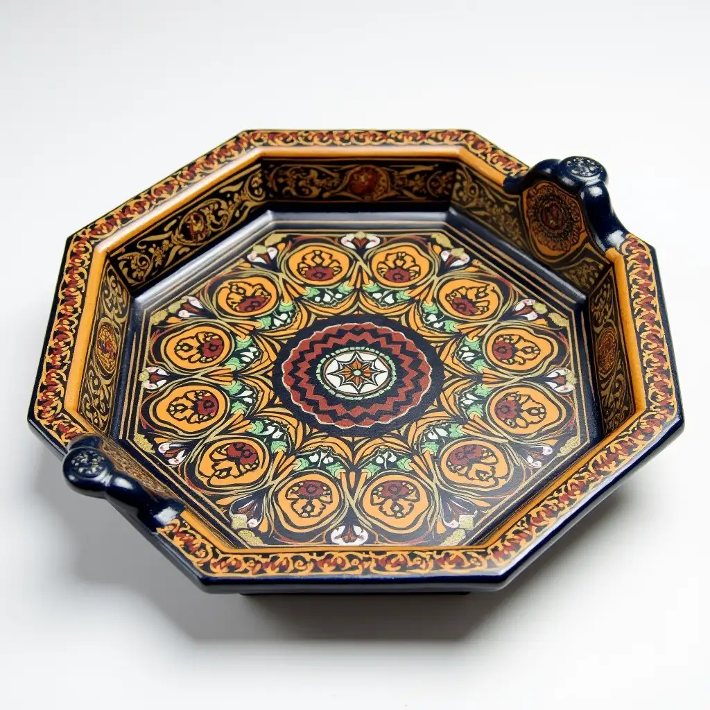 Octagonal with rounded corners ceramic serving dish with embossed beautiful handle, Fine art, Hyper detailed, Antique and old, Qajar art, Iranian Tabriz carpet design