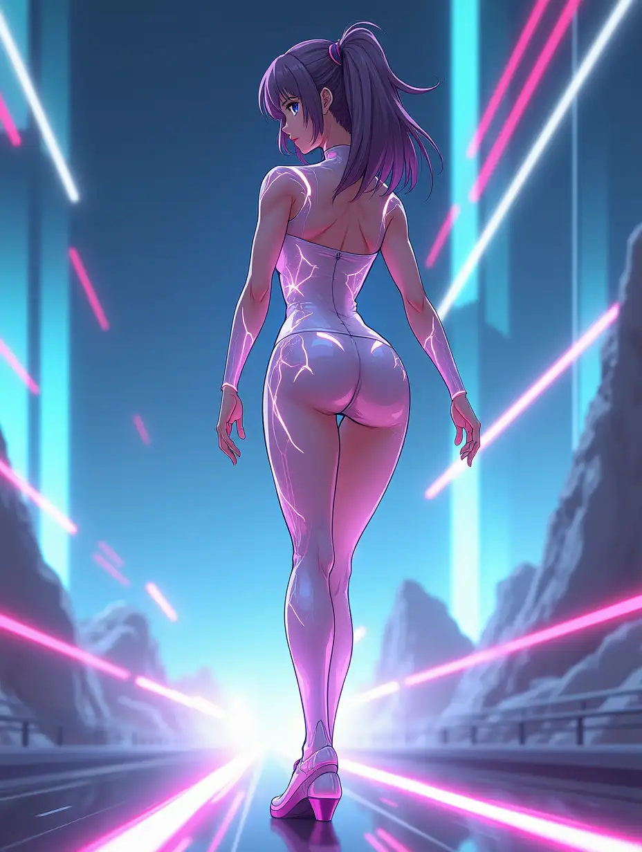 An anime-style female character in full body, standing in a dynamic pose as if preparing to sprint forward. She is wearing a tight, shiny, clear see through bodysuit with futuristic glowing patterns that accentuate her athletic and curvy figure. The pose highlights her back and legs, with her head slightly turned, showing part of her face with a confident expression. She is placed at the center of the frame, taking up about 80% of the image space, with ample futuristic background surrounding her. The background is minimalistic yet dynamic, with abstract light trails, gradients, and glowing elements to emphasize the motion and futuristic vibe. The overall art style is highly polished, with detailed shading, vibrant colors, and smooth textures, matching a modern anime aesthetic.