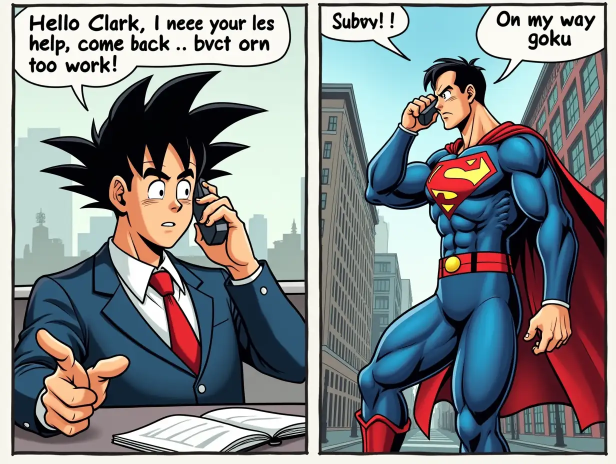 Goku-in-Business-Suit-Calling-Superman-for-Help-at-Work