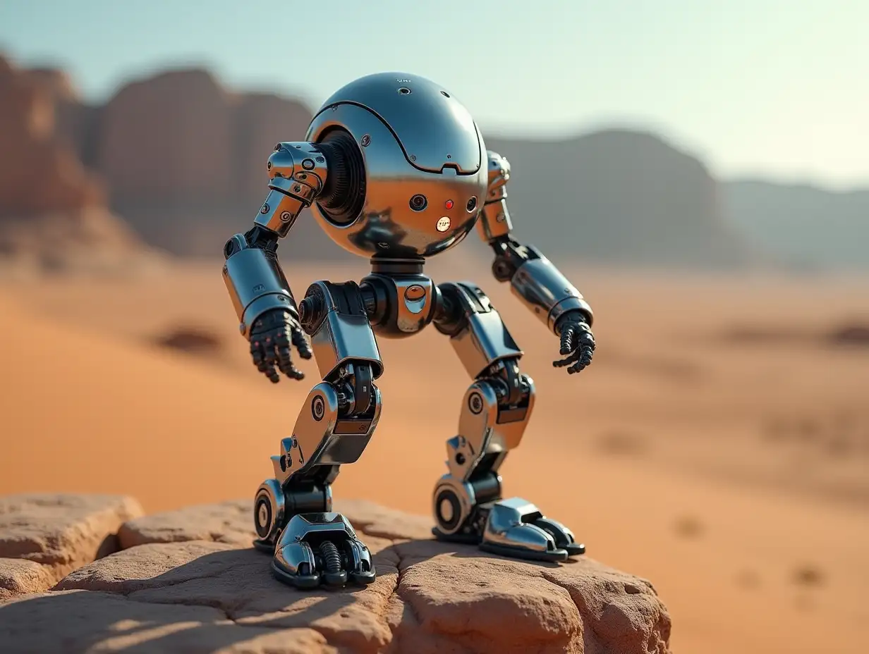 Create a high-resolution, realistic image of the artificial intelligence Robert with robot legs and metal and glass feet, with gears, light guides, and LEDs in the desert on a rock. Lighting in 4K resolution.