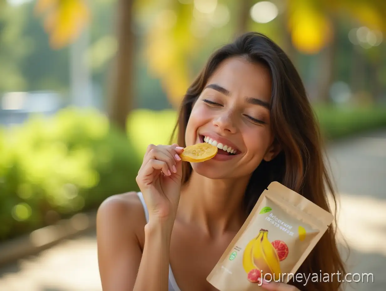 Young-Woman-EnjoyAI-Image-Prompt-Expansioning-FreezeDried-Banana-with-EcoFriendly-Snack-Pouch-in-Tropical-Setting