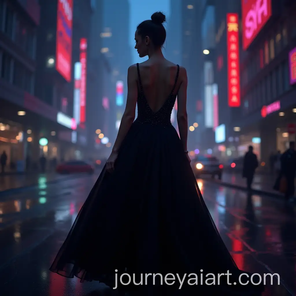 Elegant-Woman-in-Black-Ball-Gown-Amid-NeonLit-Futuristic-City