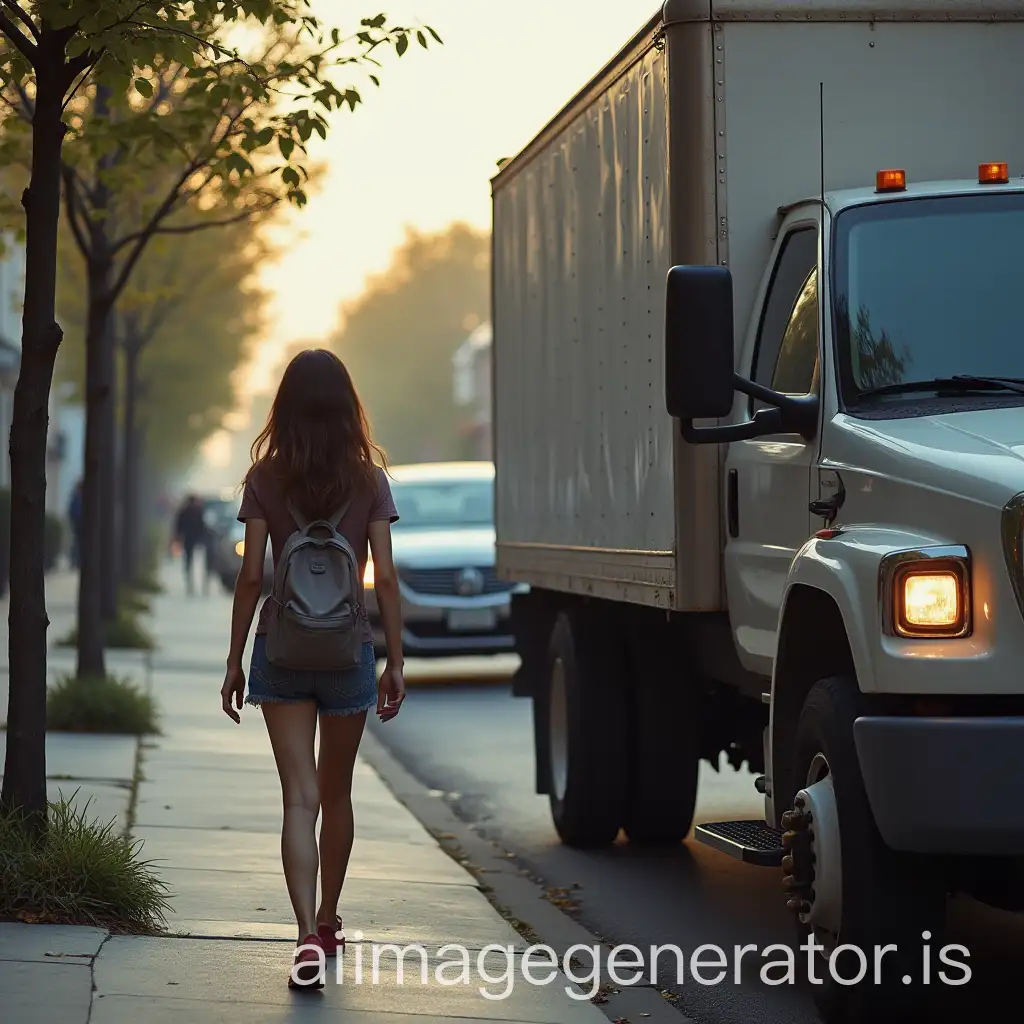 Teenage-Girl-Walking-on-Sidewalk-While-Man-Waits-in-Parked-Truck