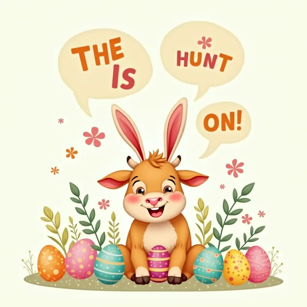 Create a vibrant, Easter-themed graphic featuring a cartoon calf wearing bunny ears and sitting amidst colorful, decorated eggs. The calf should have a playful expression and be holding one of the eggs. Speech bubbles should appear above the calf, saying 'THE HUNT IS ON!' in bold, colorful letters. The background should be a light, pastel color with flowers and other decorative elements. The overall style should be lighthearted and fun, with a focus on the joy and excitement of Easter.