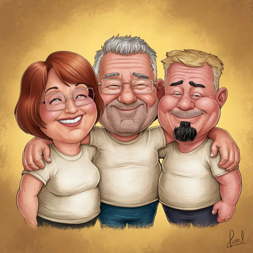 Cartoon Drawing of Three MiddleAged Friends Smiling Together in White TShirts