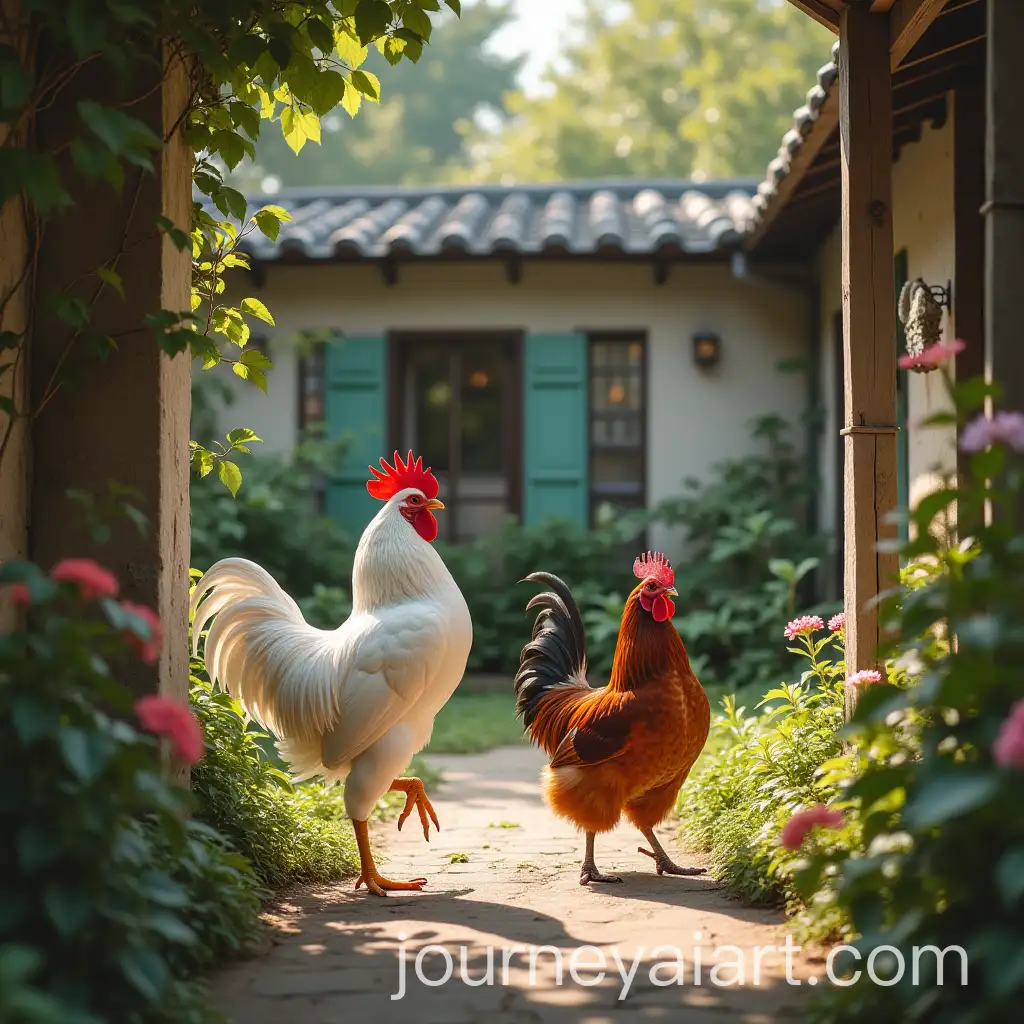 White-Rooster-Chasing-Red-Chicken-in-a-Courtyard