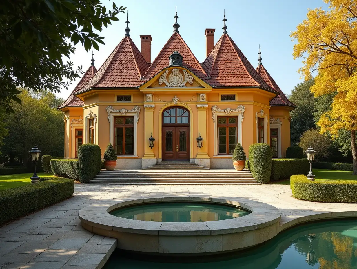 Krummhaus, Garten Gepflanzt-rein, with gilded stucco, large windows with glass closed, curved, smooth window shapes, winding grand entrance staircase from marble, complex angular roof with pond, lanterns, bank of gold, orange tree 4K resolution color wide-angle shots