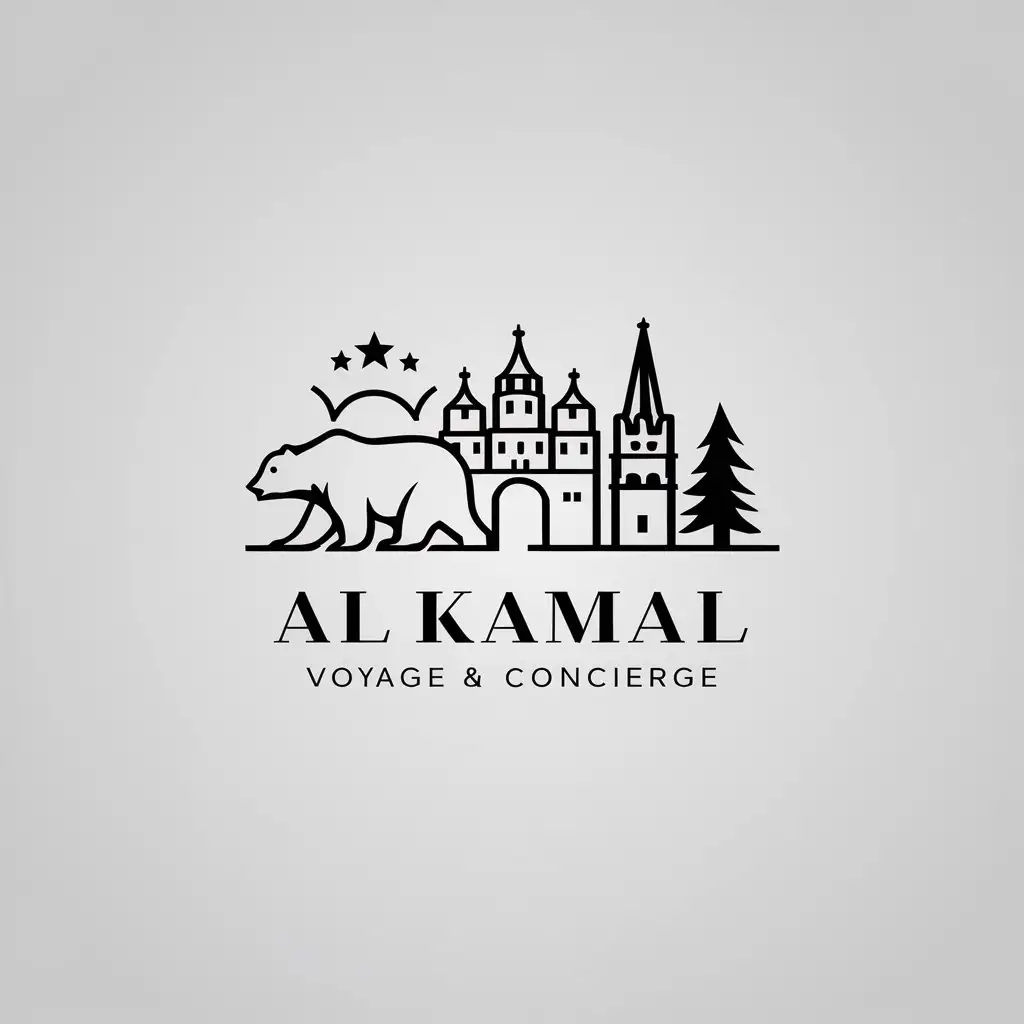 a logo design,with the text "Al Kamal 
Voyage & Concierge", main symbol:bear, Kremlin, fir tree,Minimalistic,be used in tourism industry,clear background