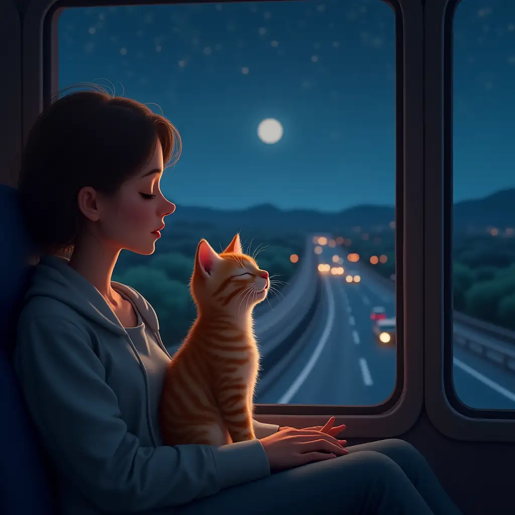 Cute-Kitten-on-Womans-Lap-During-LateNight-Bus-Journey