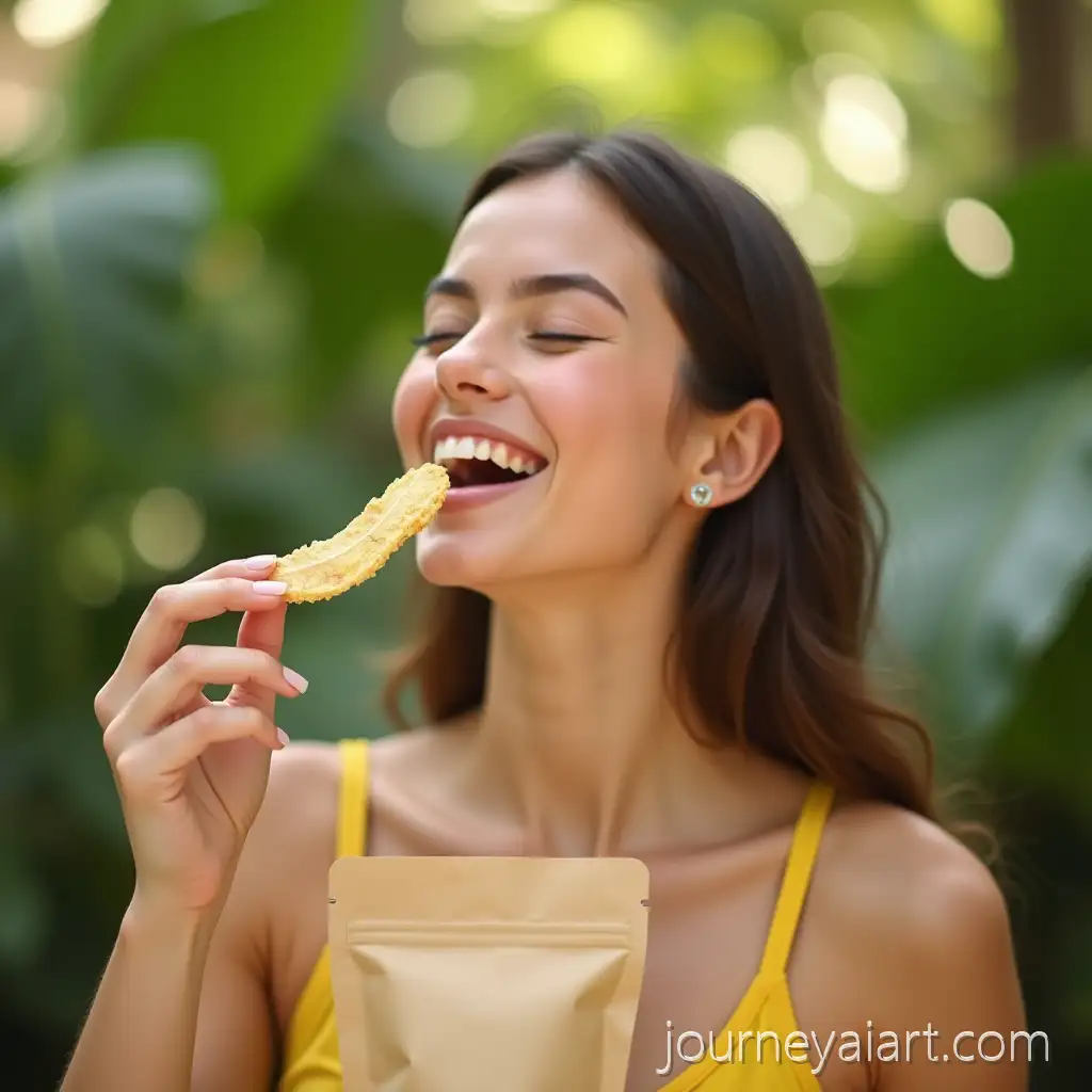 Young-Woman-Enjoying-FreezeDried-Banana-Slice-inAI-Image-Prompt-Expansion-Tropical-Garden