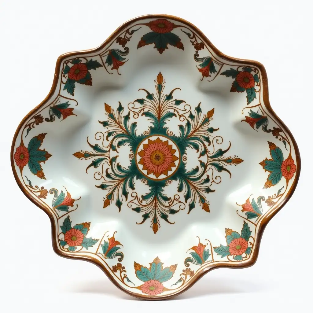 A four-piec ceramic serving in the shape of a four-petaled flower with embossed beautiful Ceramic handle, Underglaze painting on white body, Fine art, Hyper detailed, Antique and old, Qajar art, Iranian Tabriz carpet design