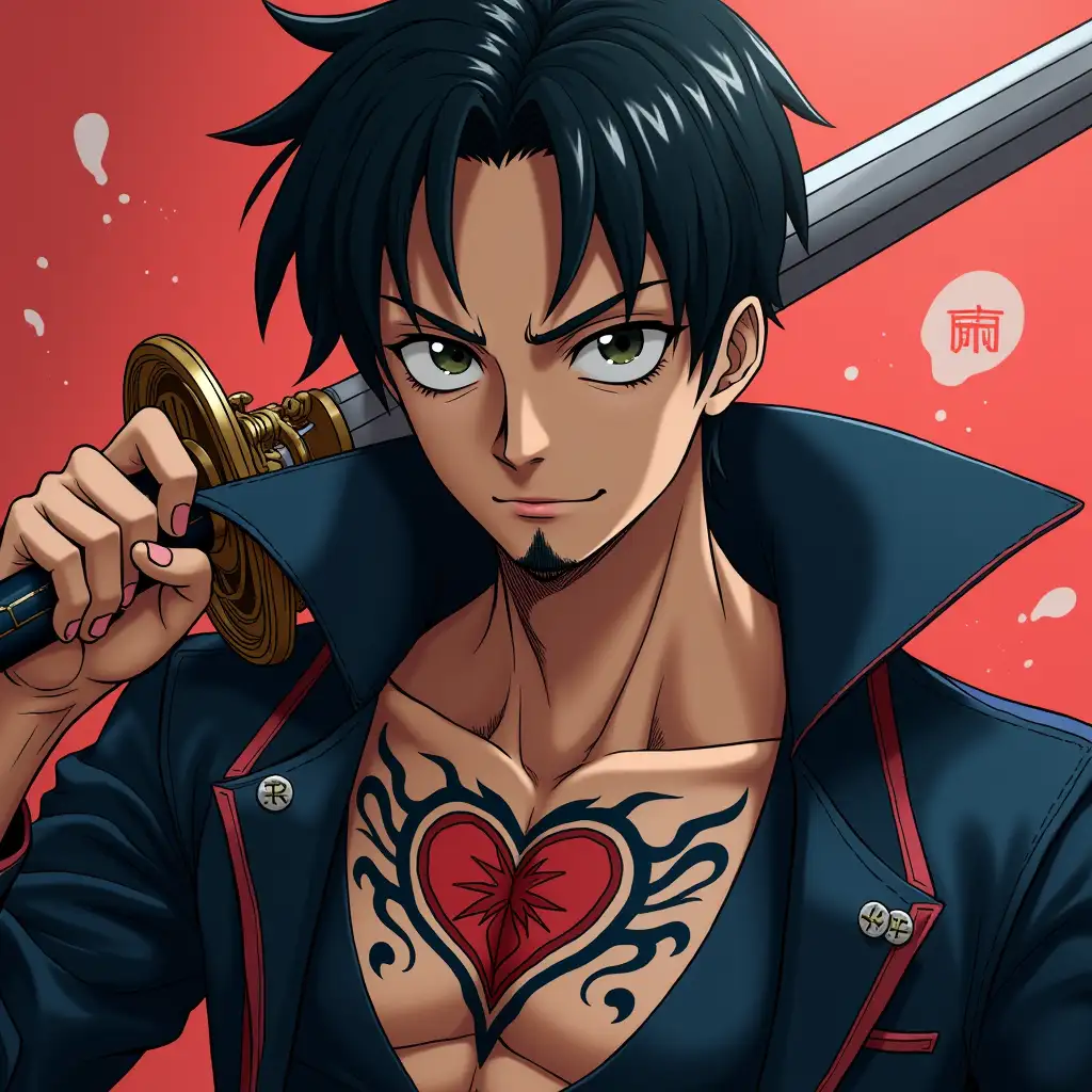 Ultra-Realistic-Portrait-of-Trafalgar-D-Water-Law-from-One-Piece-with-Tribal-Heart-Tattoo-and-Sword