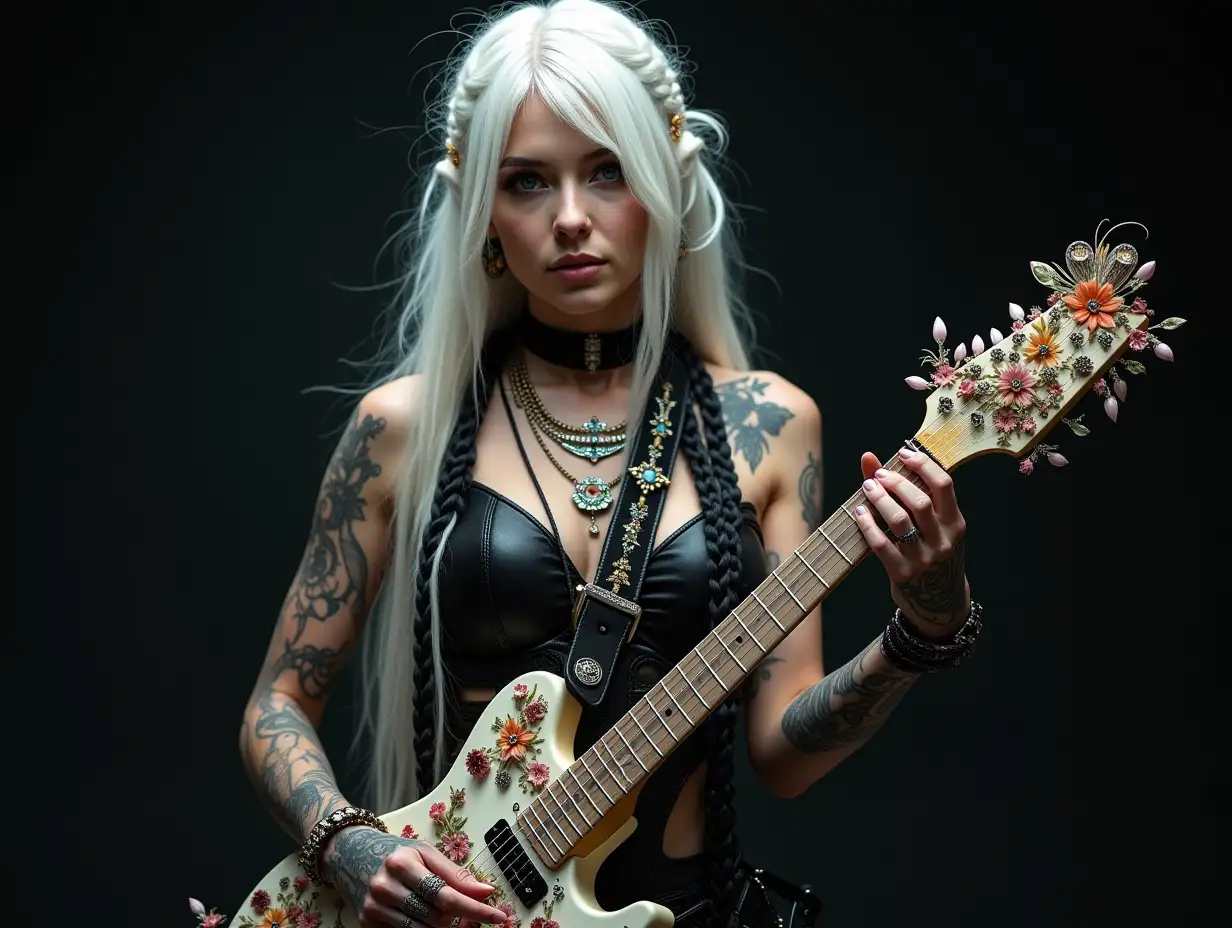 user_prompt: Hyperrealistic representation of a beautiful white woman with -tattoo, futuristic long white hair with black braided hair and laced boots, holding electric guitar flowers with intricately detailed, colorful and futuristic jewelry in her hand. Black background blurred 120-mm shot