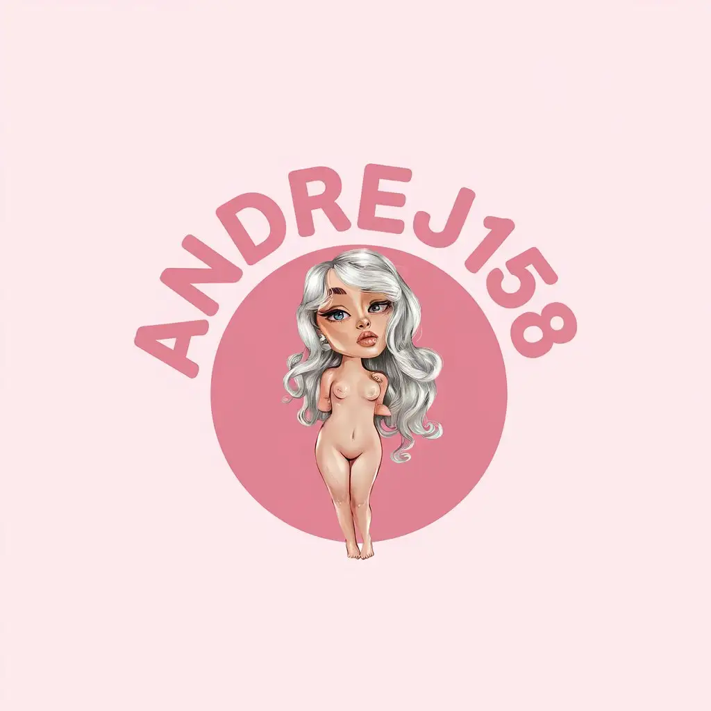 Cute pink logo with cute letters "ANDREJ158" combined with nudist woman with platinum hair, minimalistic design