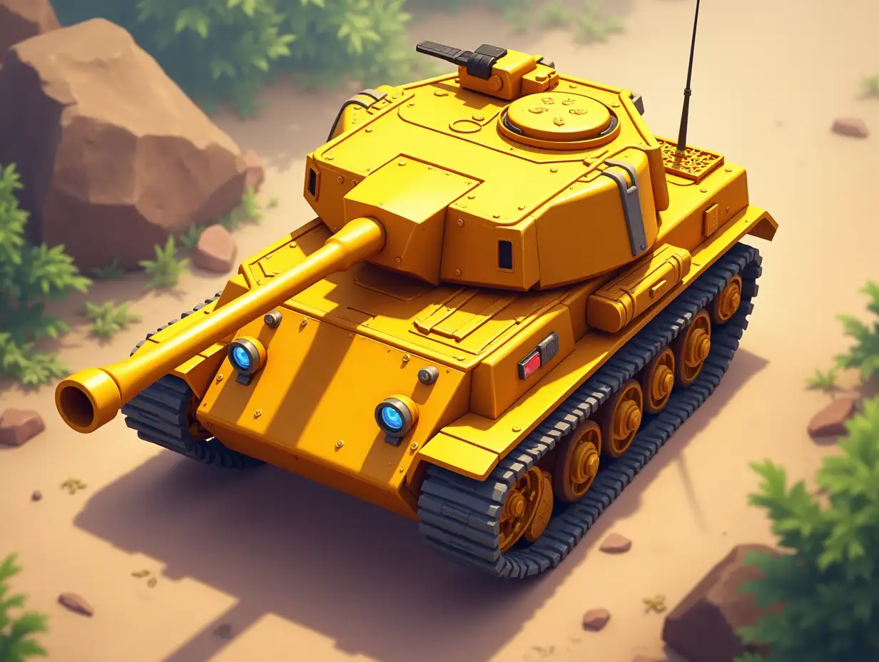 Game icon 2D yellow tank view from above, digital drawing, bright vividly juicy, beautiful background